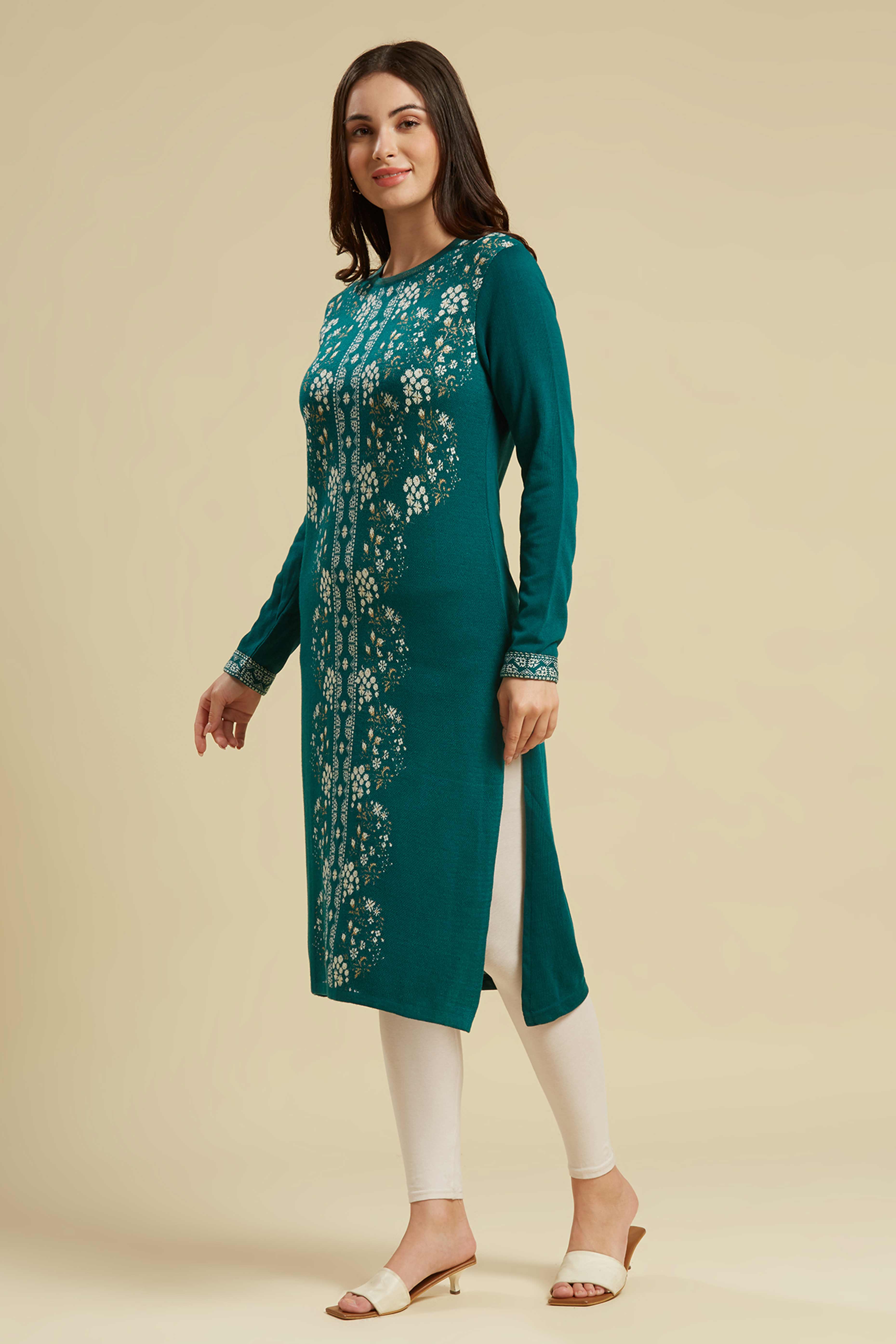 Teal Woolen Straight Kurti