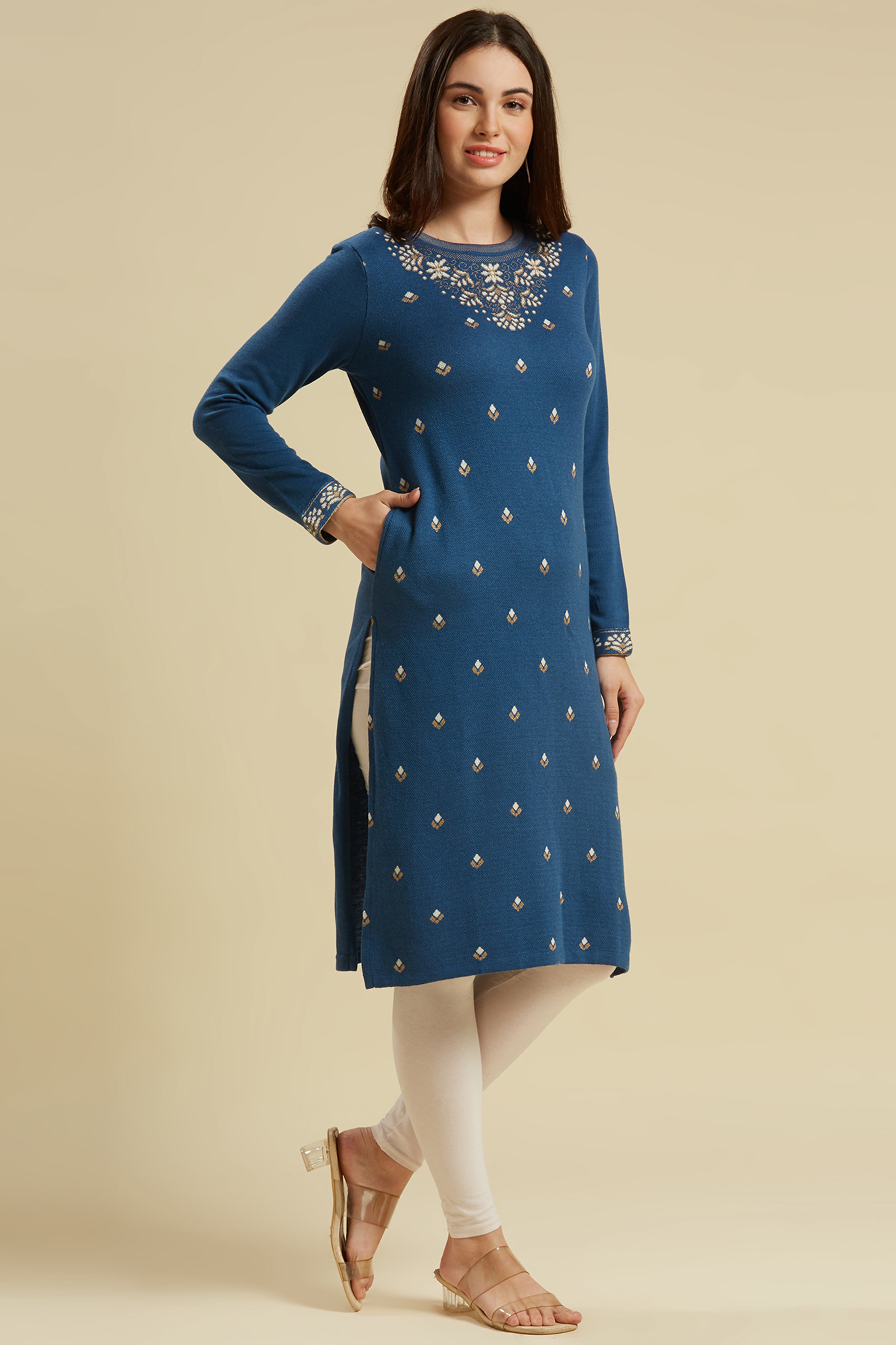 Blue Woolen Straight Kurti