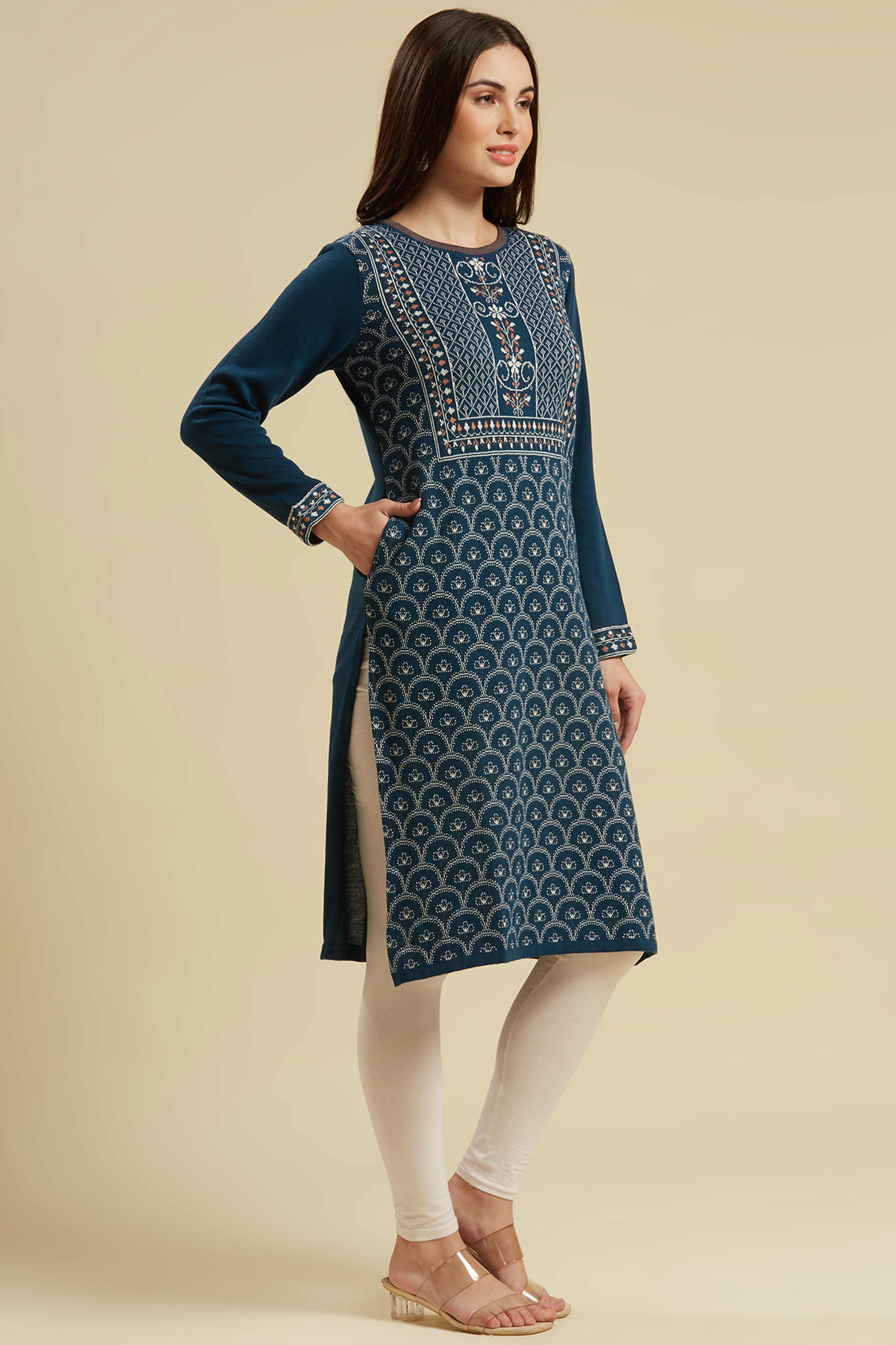 Dark Blue Woolen Straight Kurti