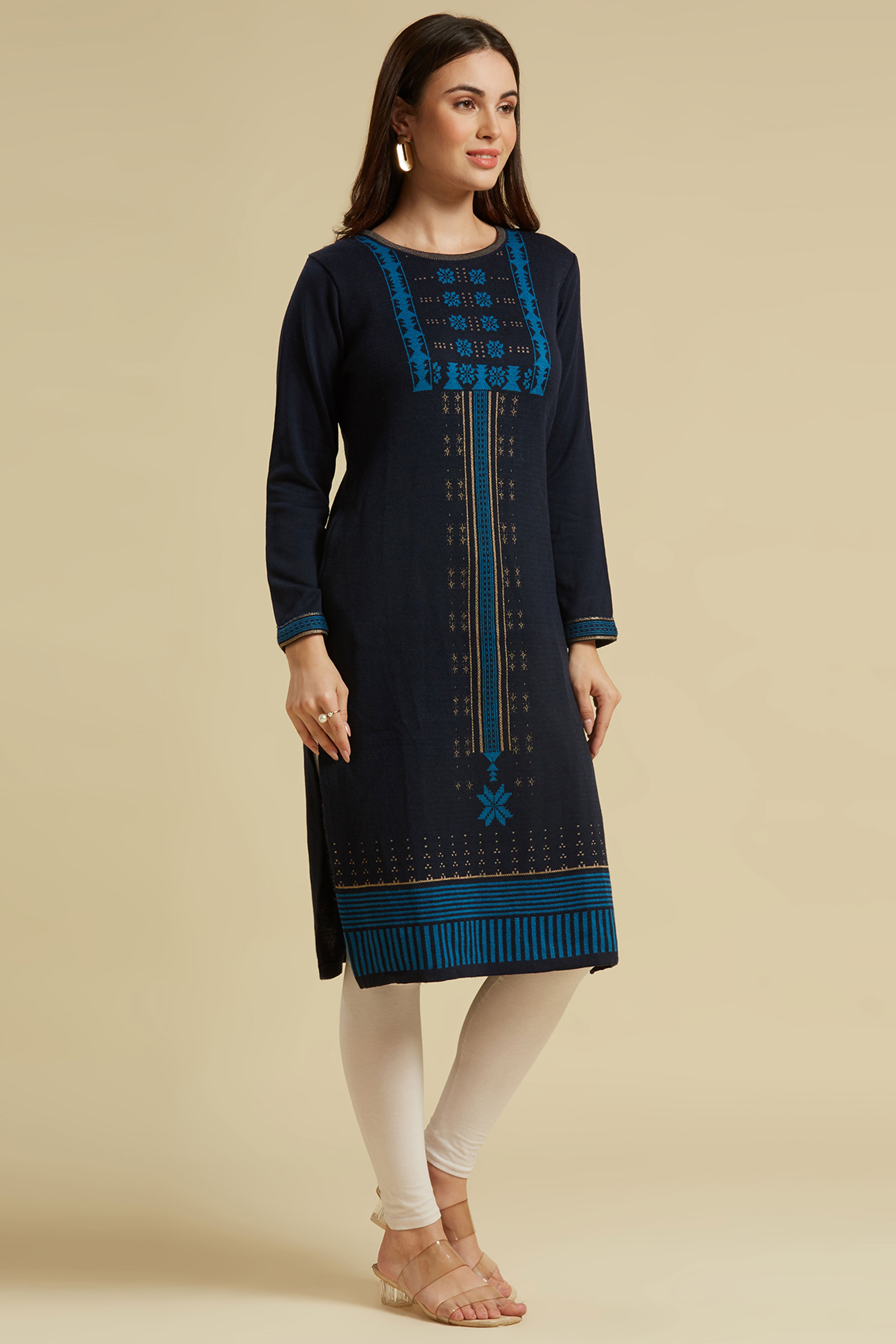 Navy Blue Woolen Straight Kurti