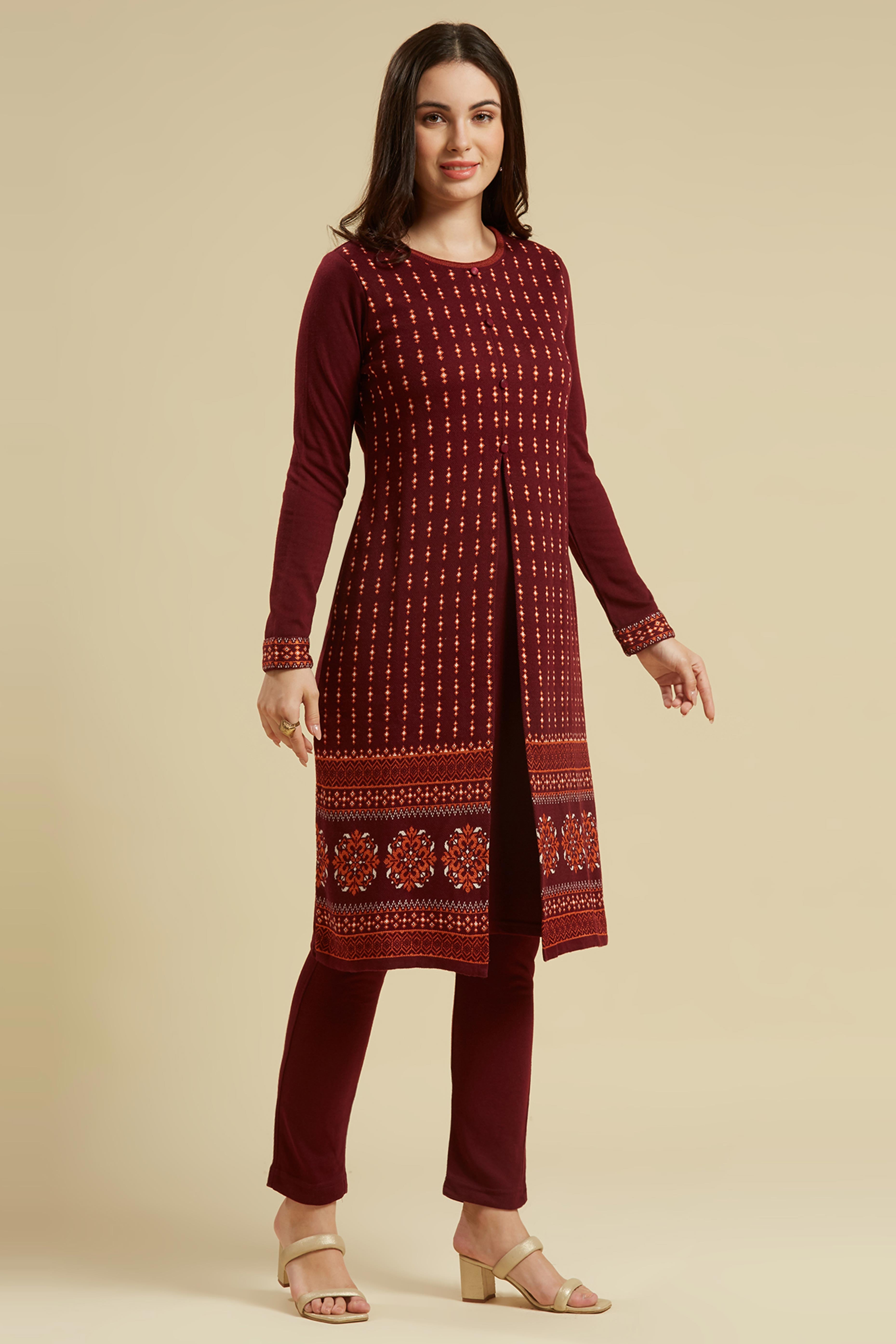 Wine Floral Woolen Top Bottom Set