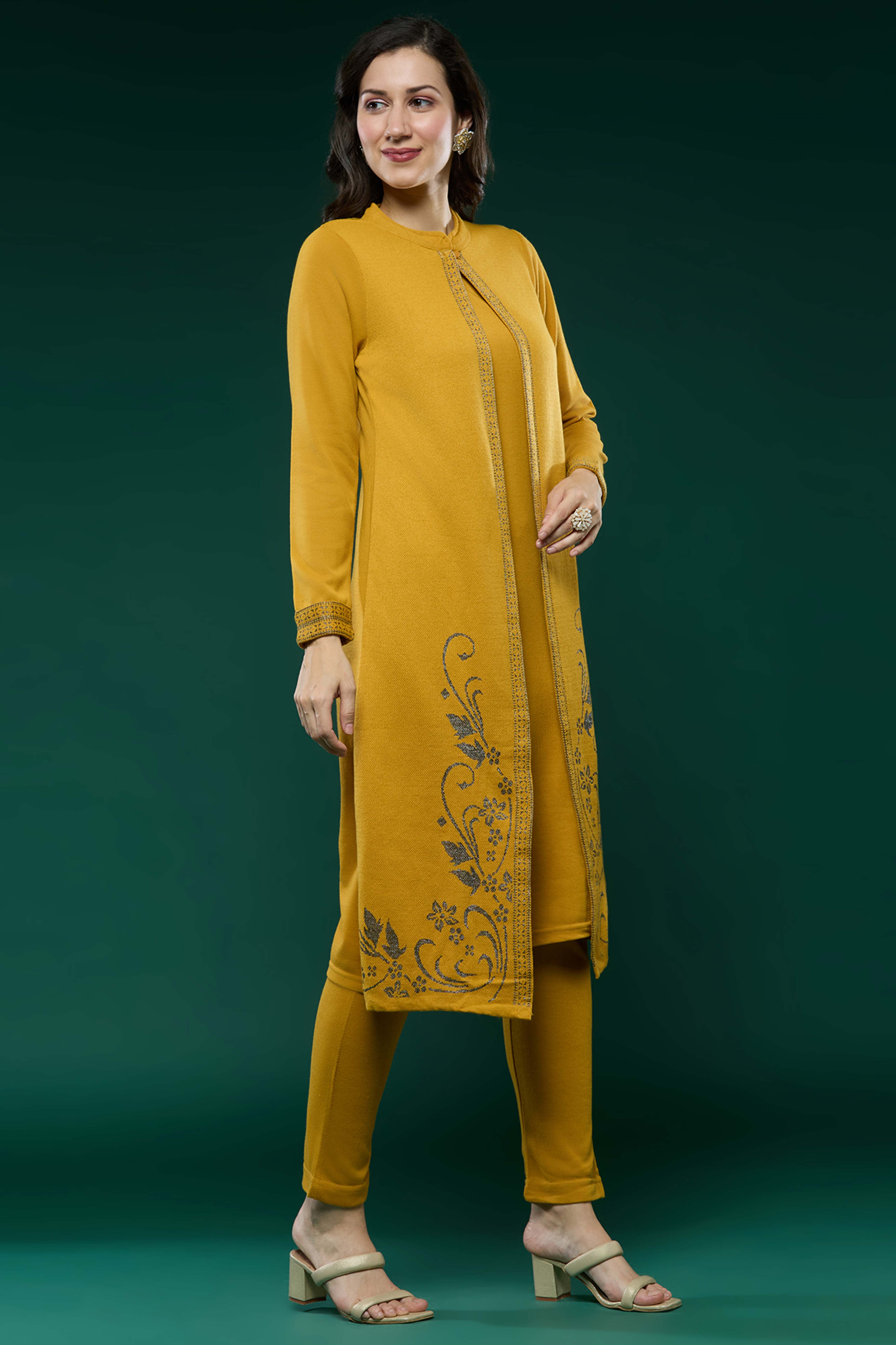 Mustard Floral Woolen Top Bottom Set