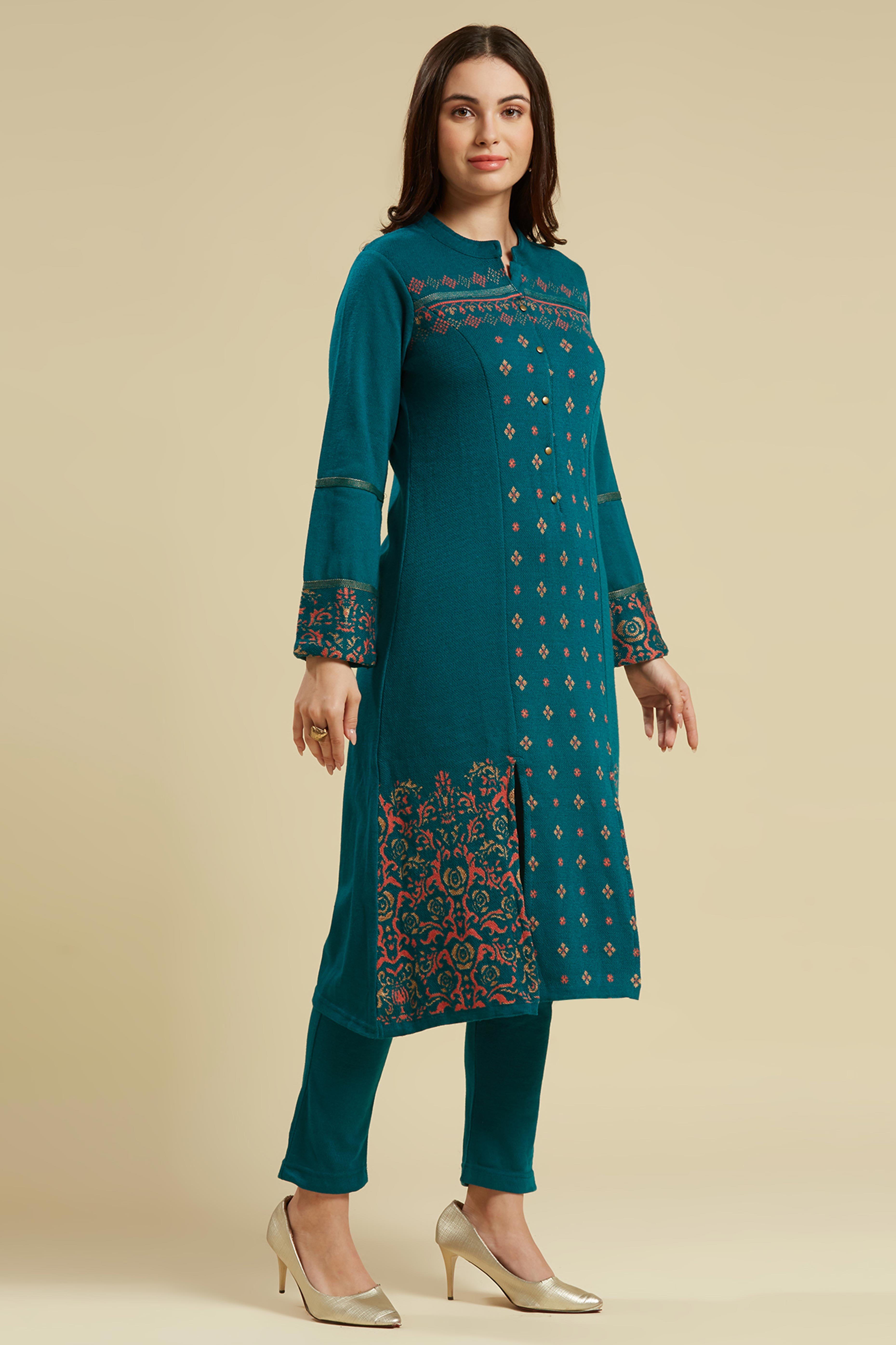 Teal Floral Woolen Top Bottom Set