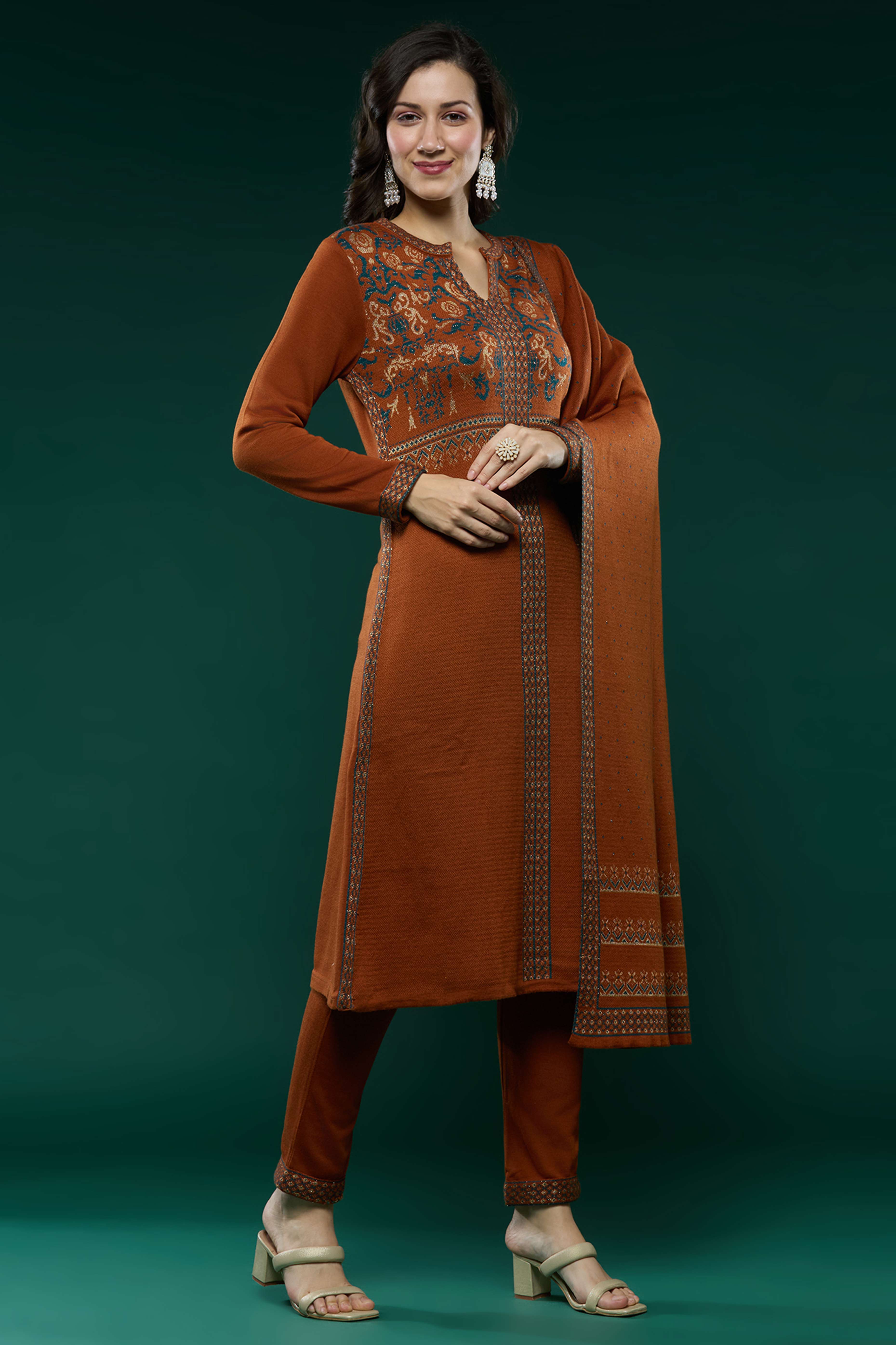 Dark Rust Floral Woolen Salwar Suit