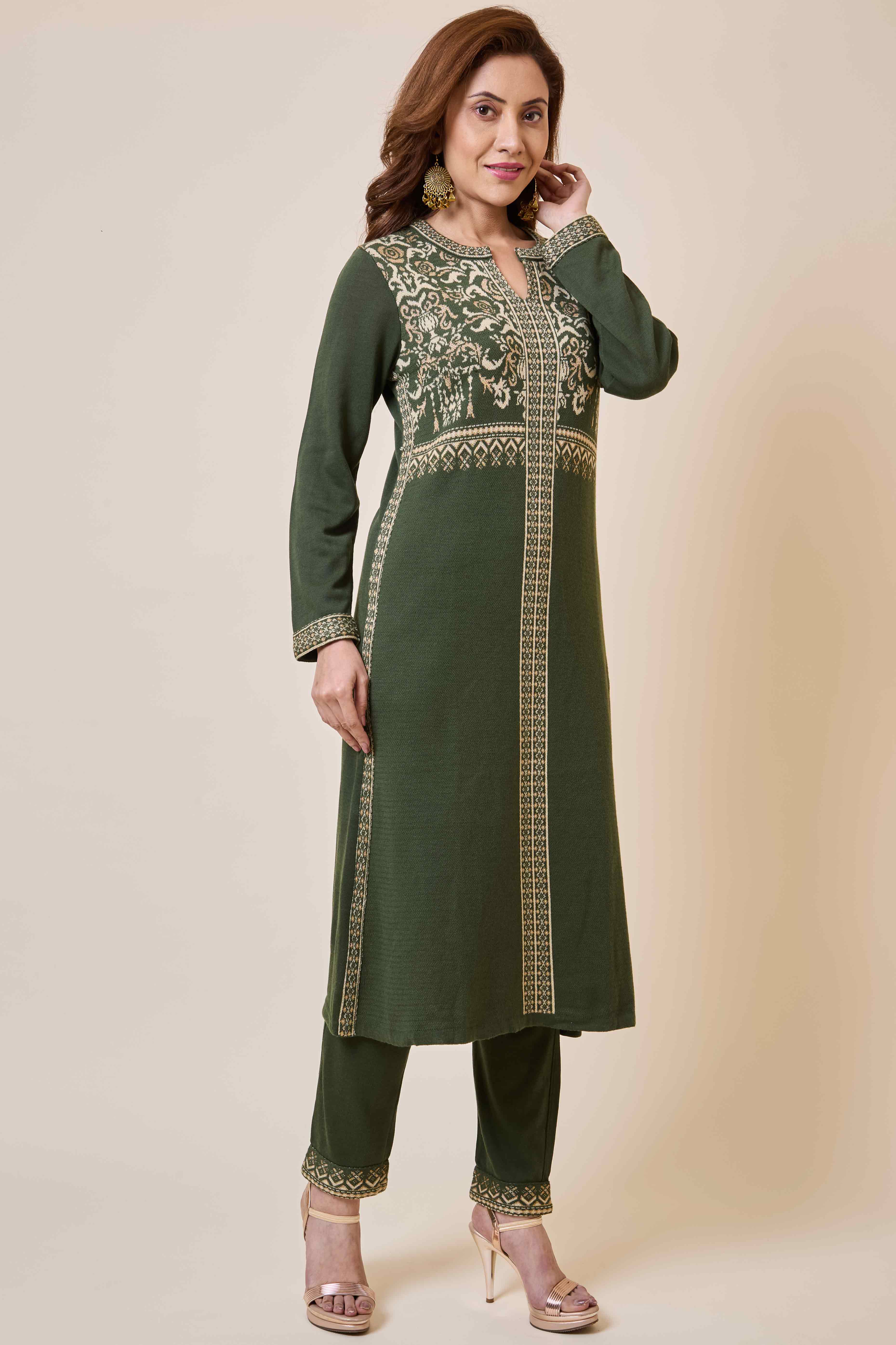 Mehandi Green Floral Woolen Salwar Suit