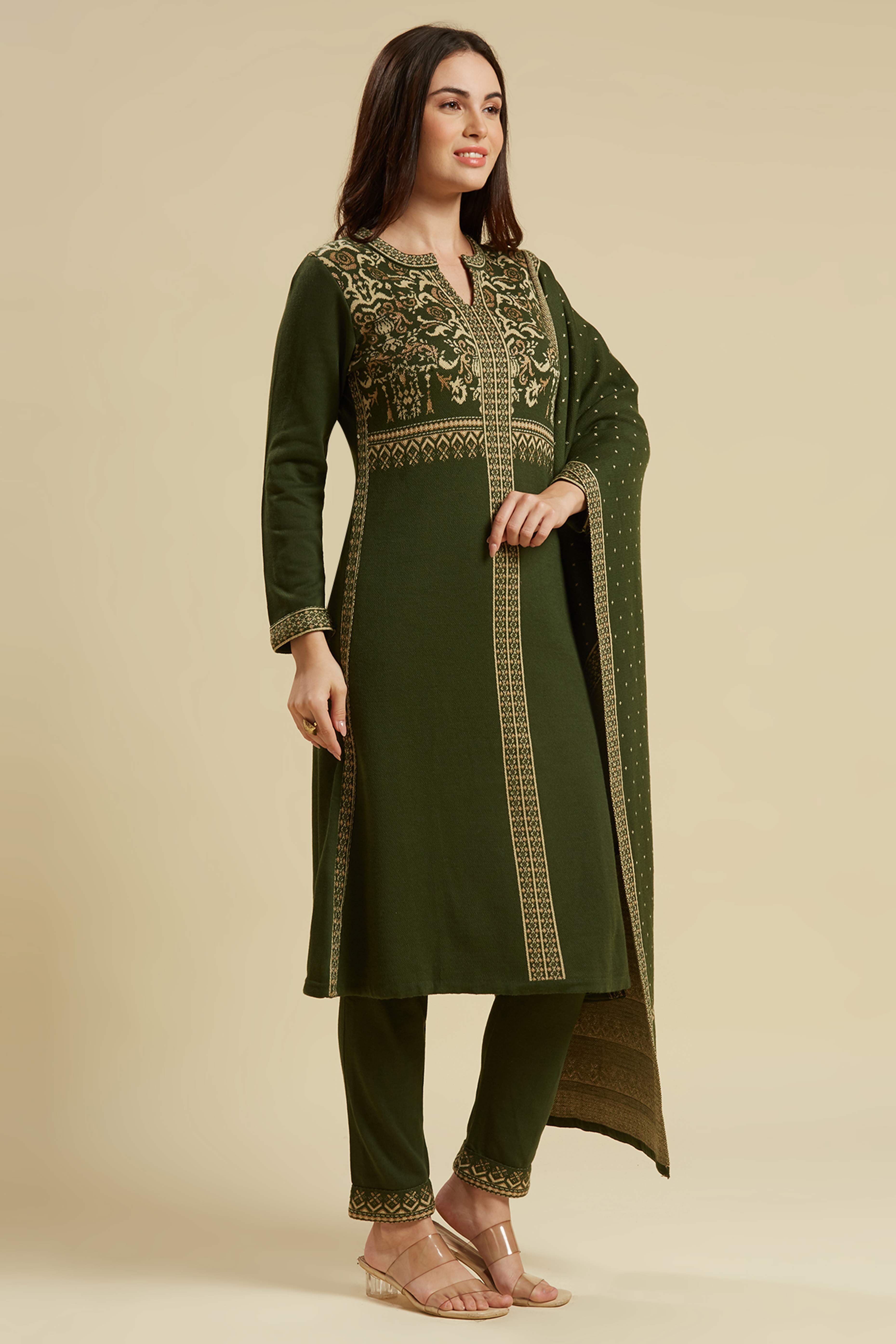 Mehandi Green Floral Woolen Salwar Suit