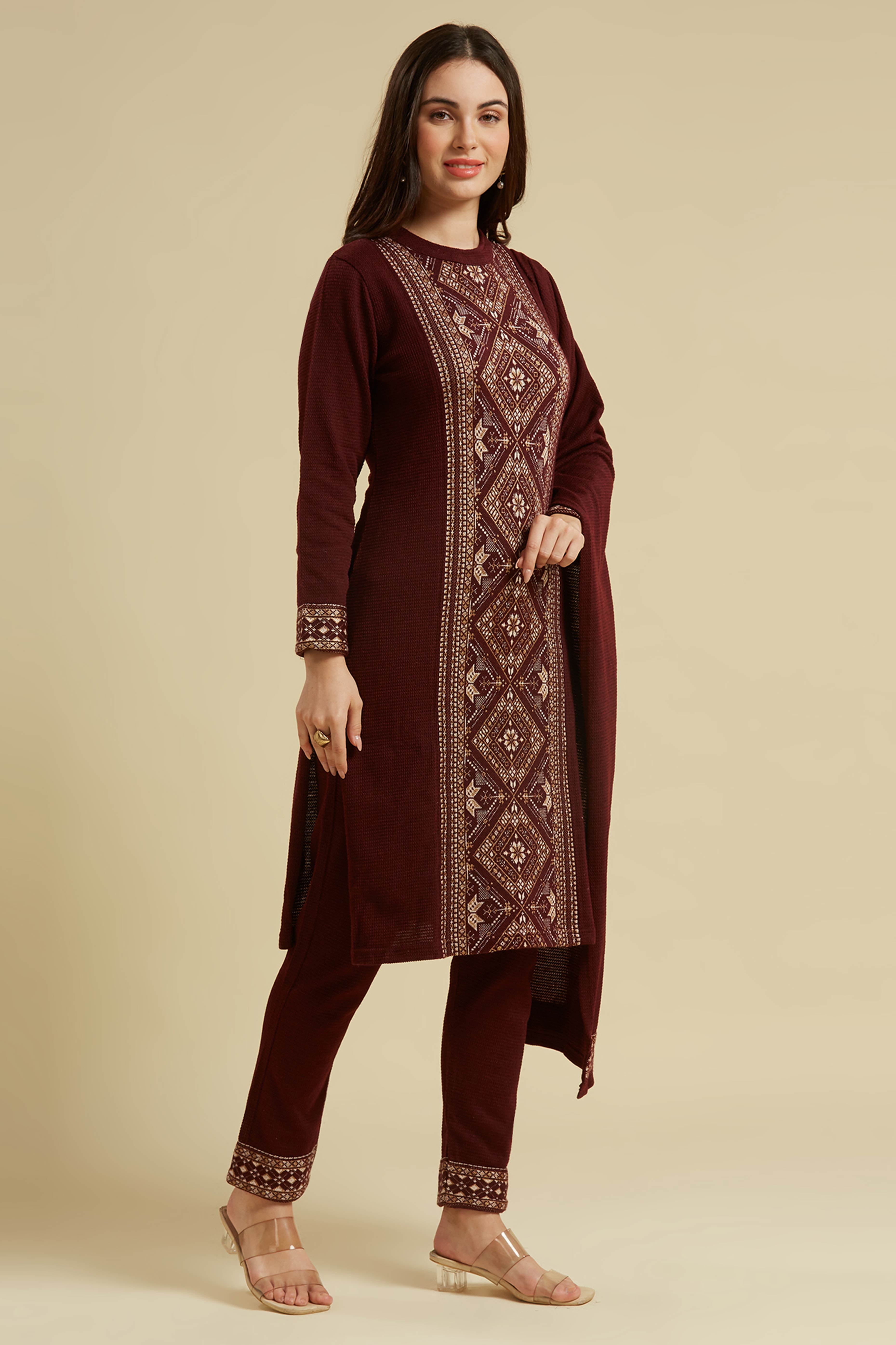 Wine Floral Woolen Salwar Suit