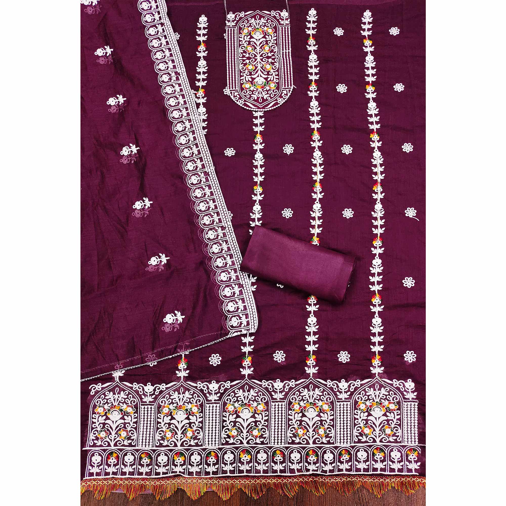 Purple Floral Embroidered Chanderi Cotton Dress Material