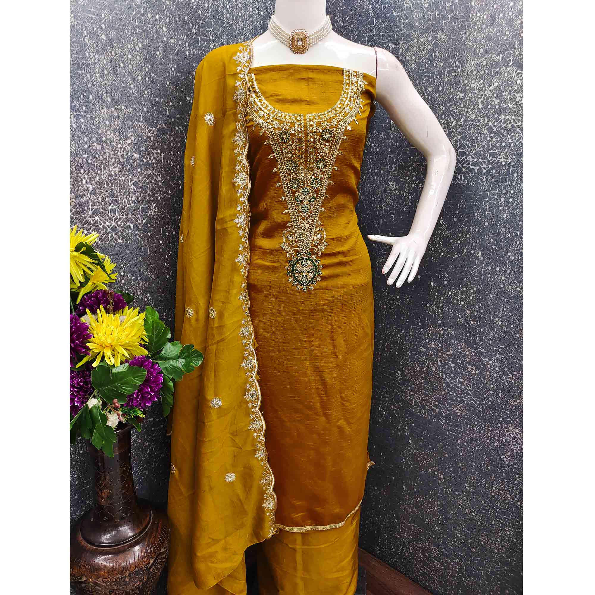 Elegant Mustard Floral Embroidered Dress Material In Vichitra Silk With Sequins Detailing