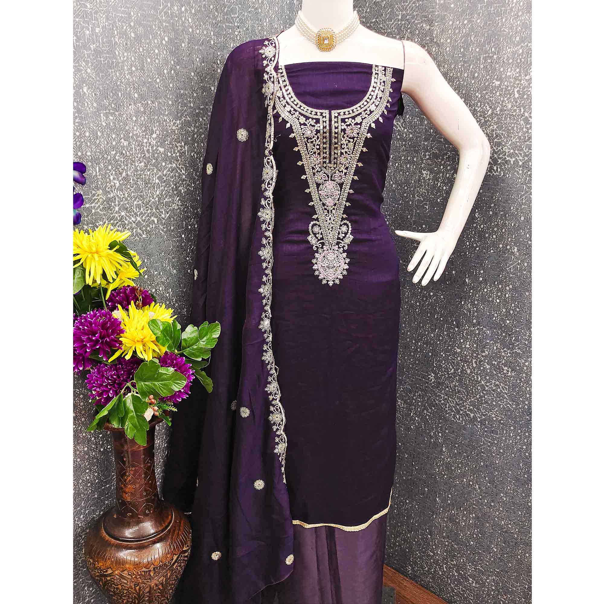 Elegant Purple Floral Embroidered Dress Material In Vichitra Silk With Sequins Detailing