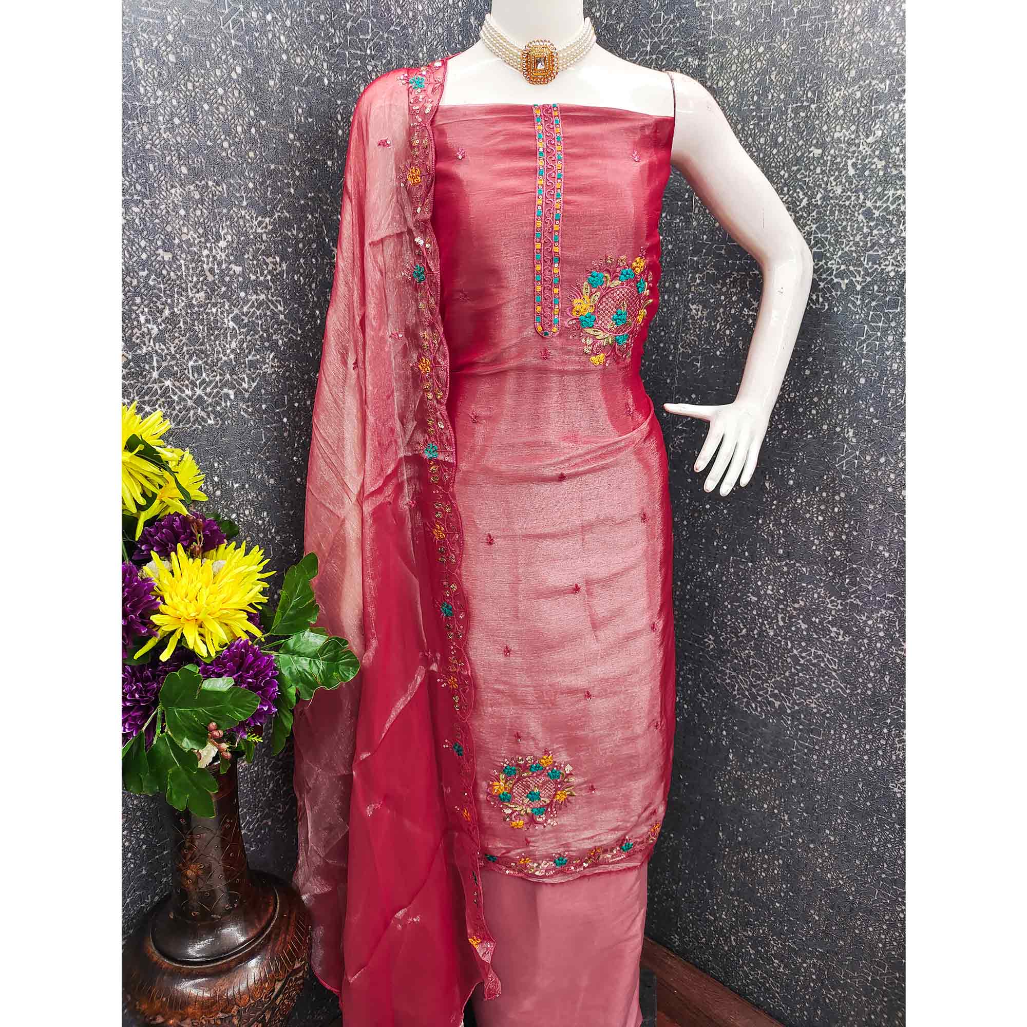 Graceful Pink Silk Blend Dress Material Featuring Exquisite Floral Embroidery & Sequins Accents
