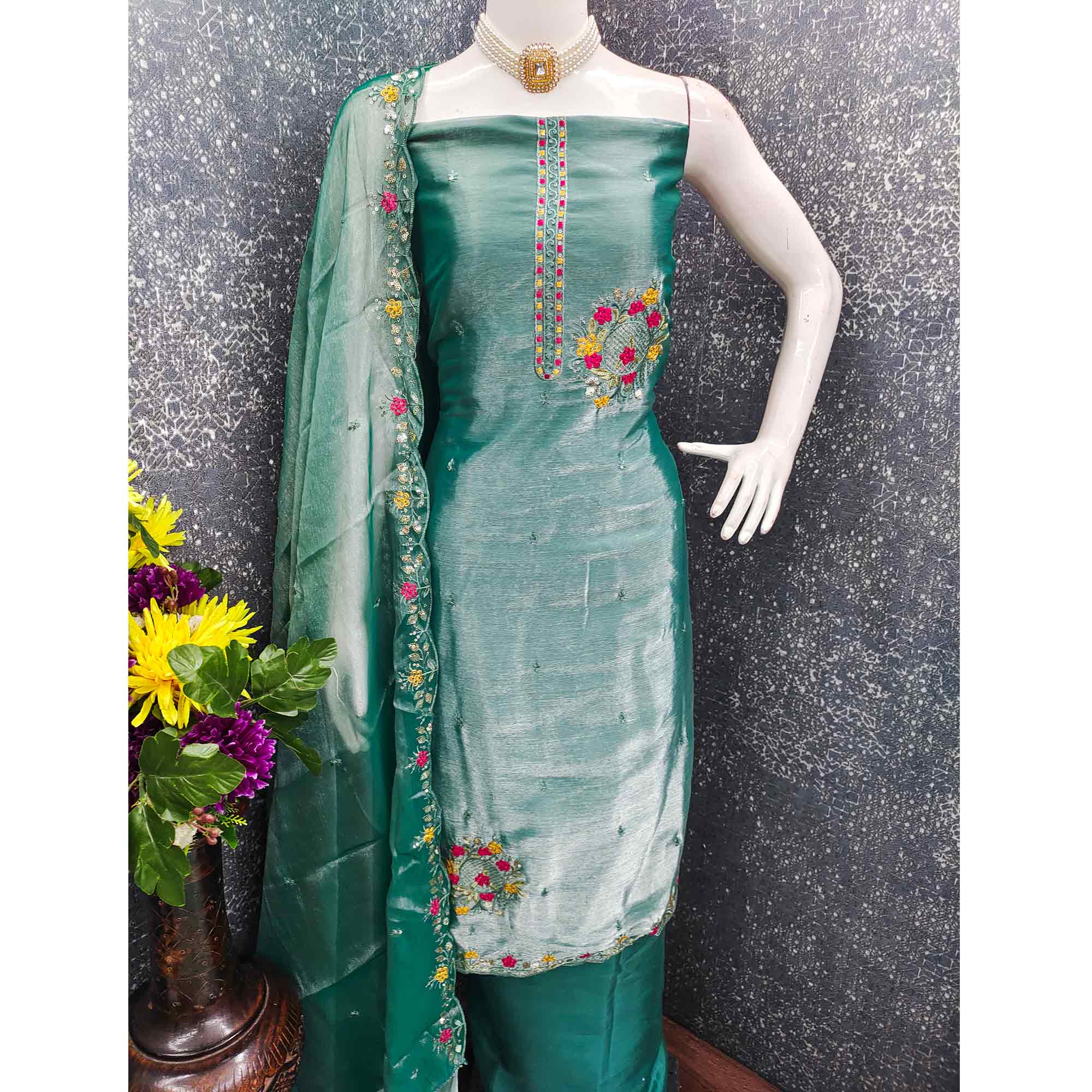 Graceful Rama Green Silk Blend Dress Material Featuring Exquisite Floral Embroidery & Sequin Accent