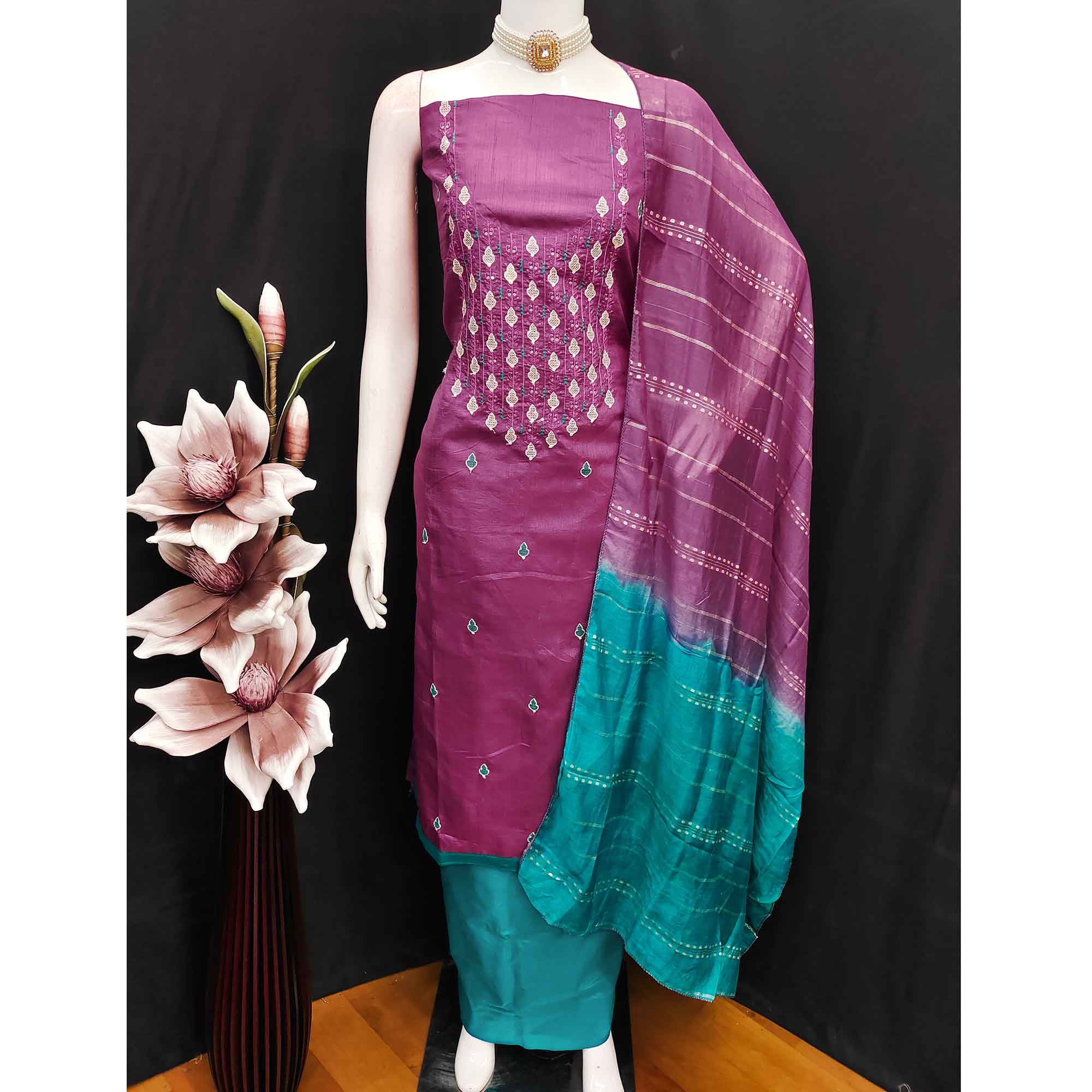 Elegant Dark Magenta Floral Thread & Sequins Embroidered Silk Blend Dress Material