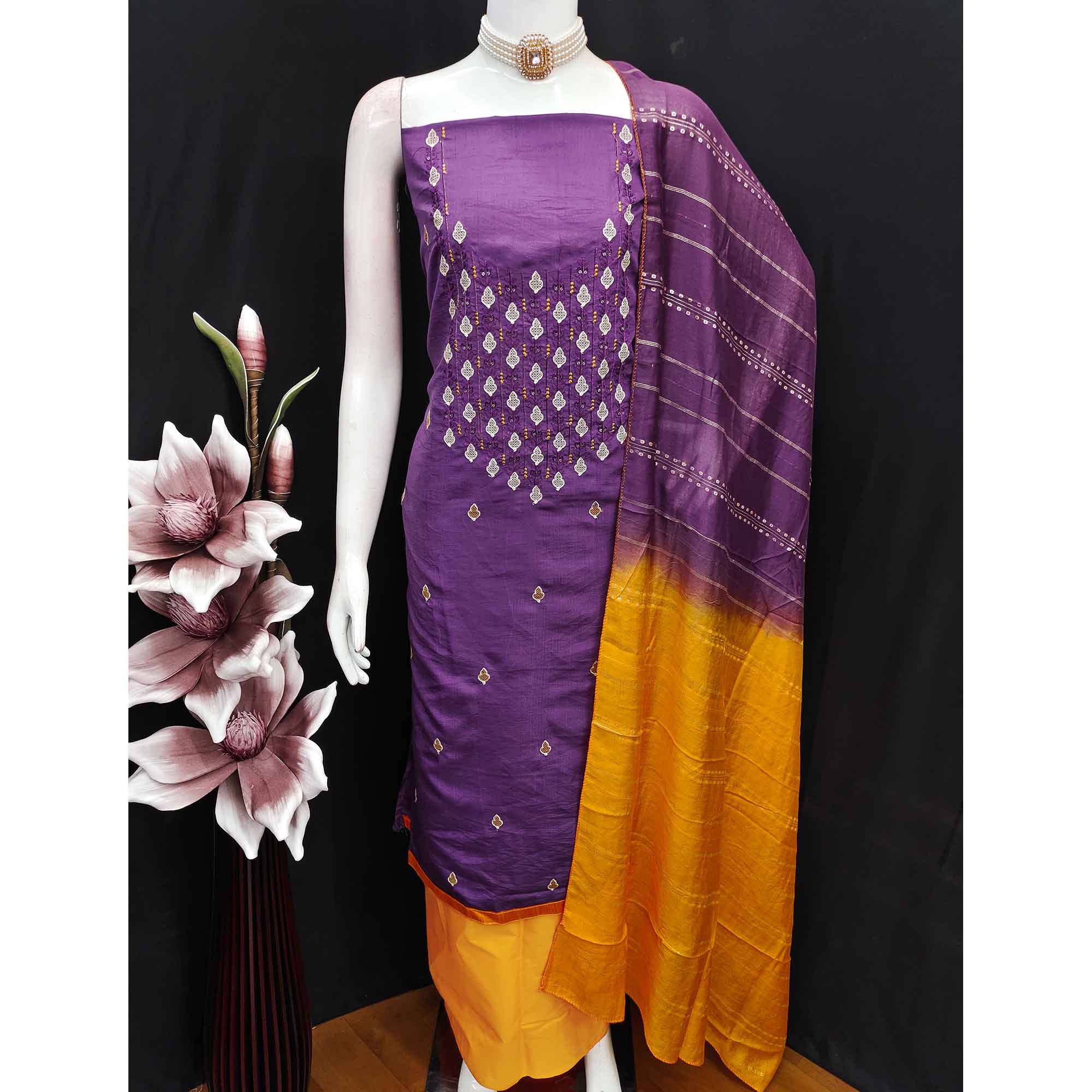 Elegant Purple Floral Thread & Sequins Embroidered Silk Blend Dress Material