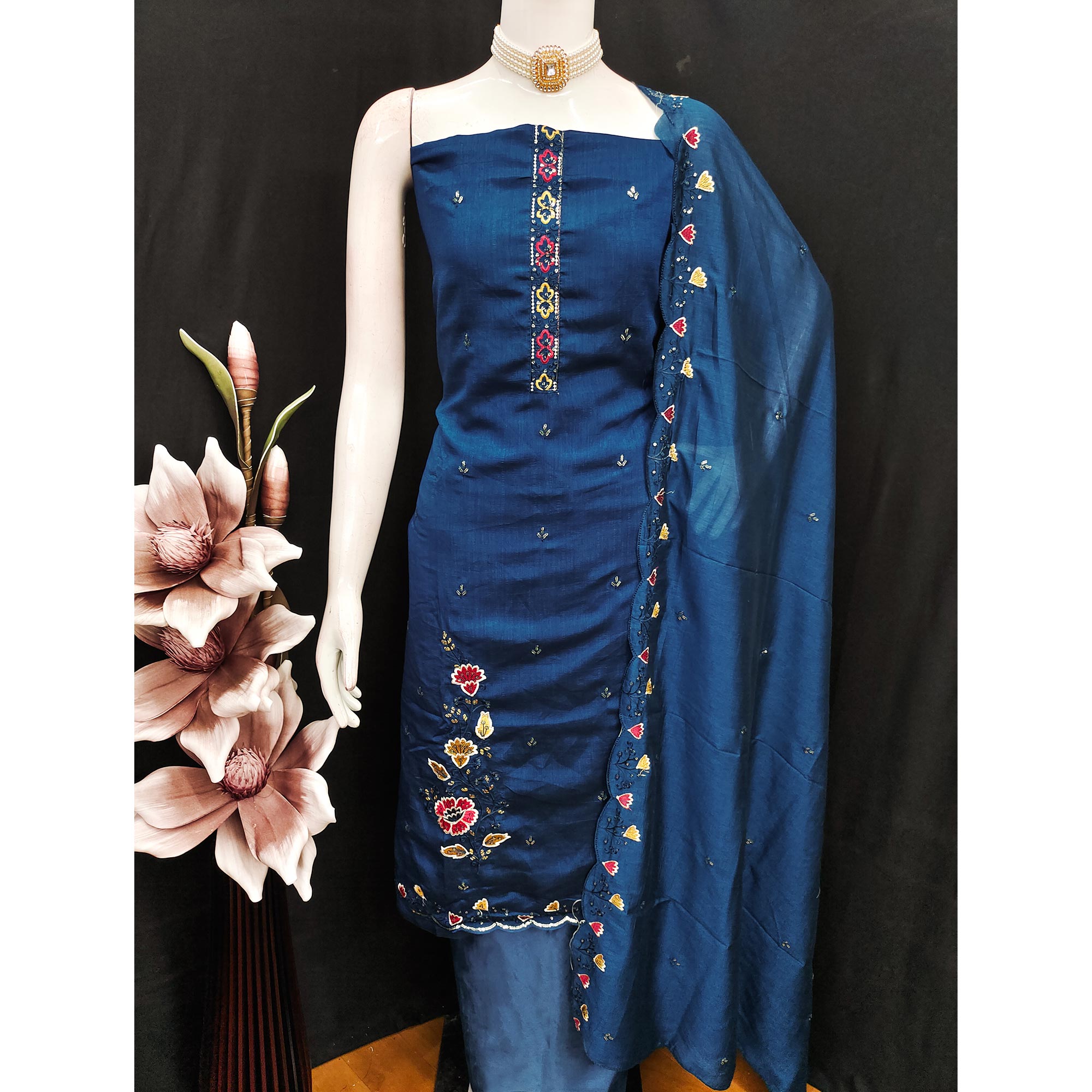 Graceful Blue Vichitra Silk Dress Material Adorned With Floral Thread Embroidery & Sequins Work