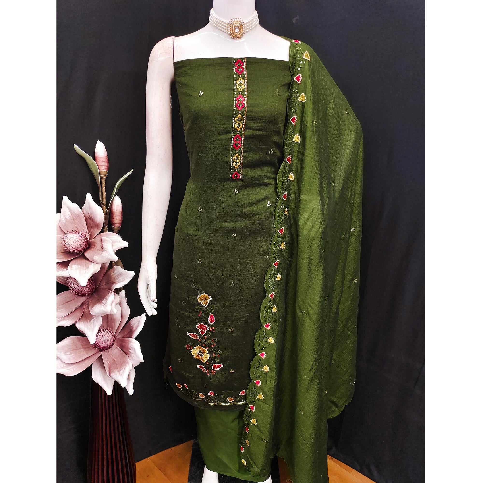 Graceful Green Vichitra Silk Dress Material Adorned With Floral Thread Embroidery & Sequins Work
