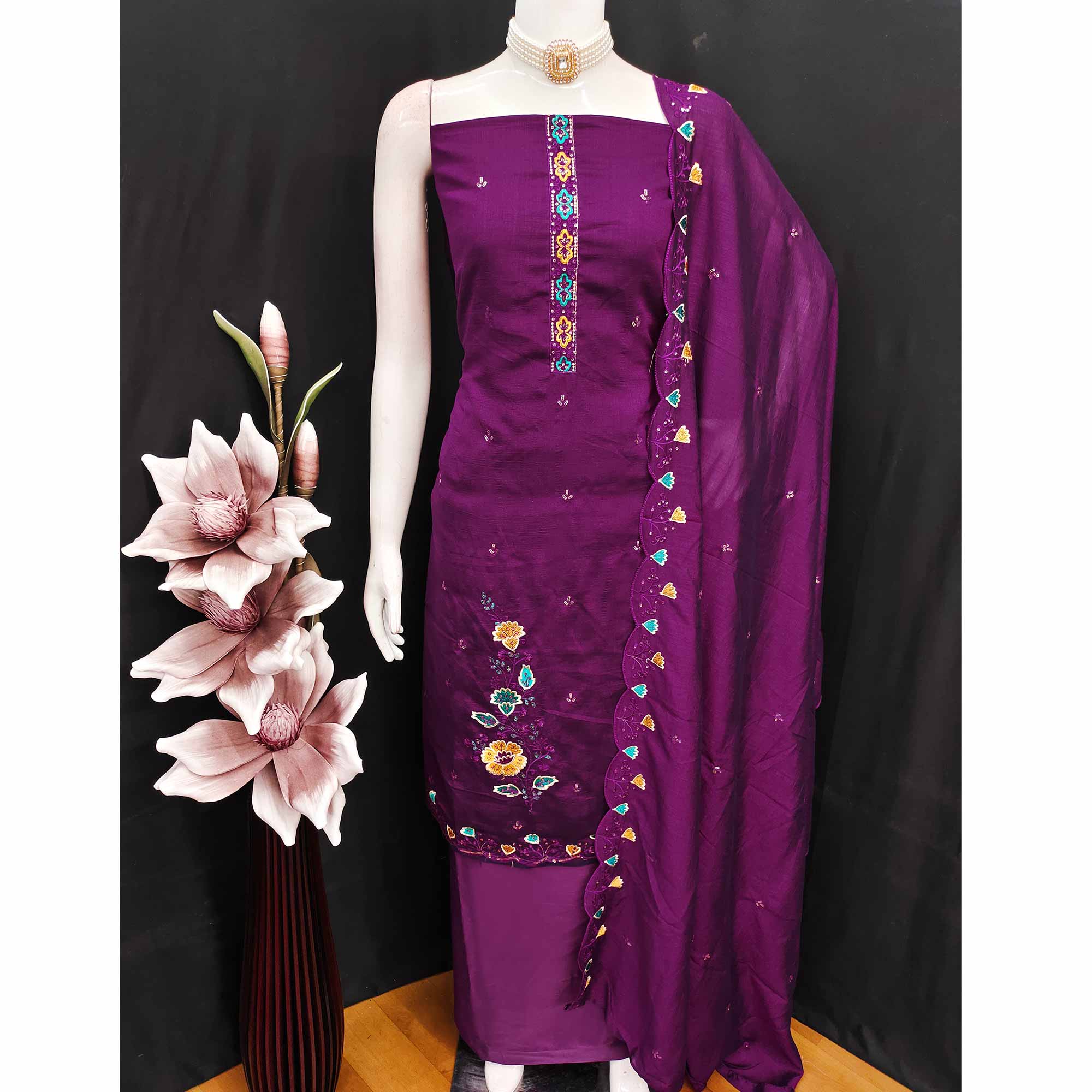 Graceful Purple Vichitra Silk Dress Material Adorned With Floral Thread Embroidery & Sequins Work