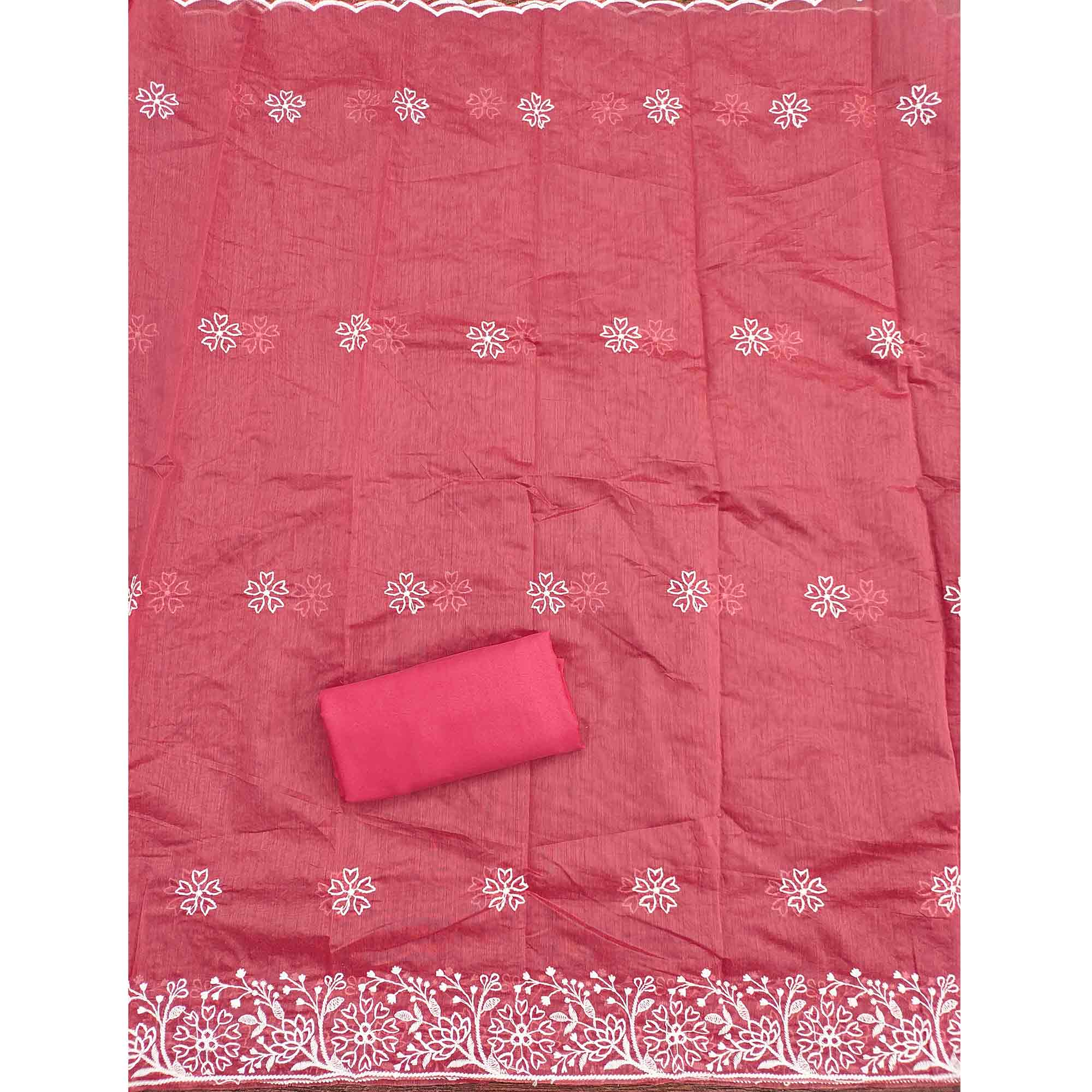 Gajri Pink Cotton Blend Unstitched Suit Material with Soft Floral Embroidery Work