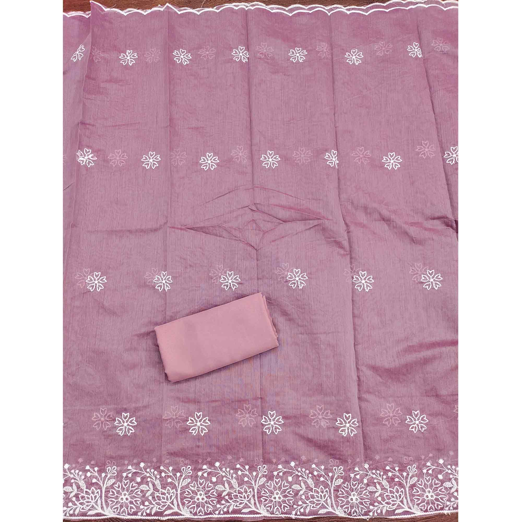 Mauve Cotton Blend Unstitched Suit Material with Soft Floral Embroidery Work