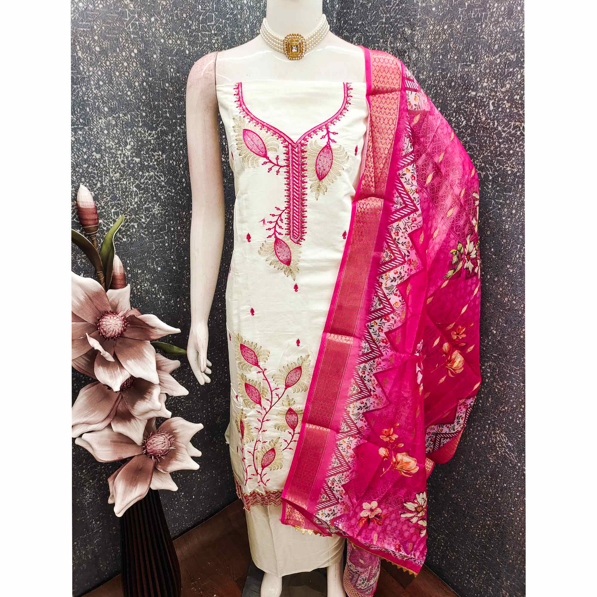 Elegant Cream & Pink Floral Embroidered Roman Cotton Silk Dress Material With Subtle Sequins Work