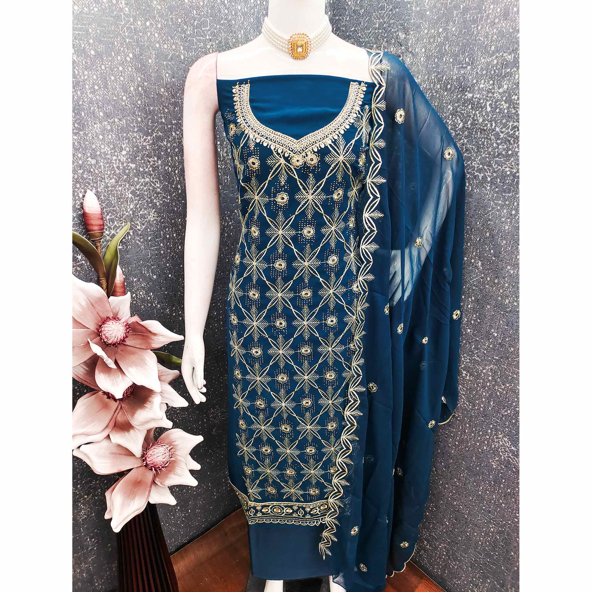 Premium Blue Floral Embroidered Georgette Dress Material Accentuated With Swarovski Detailing