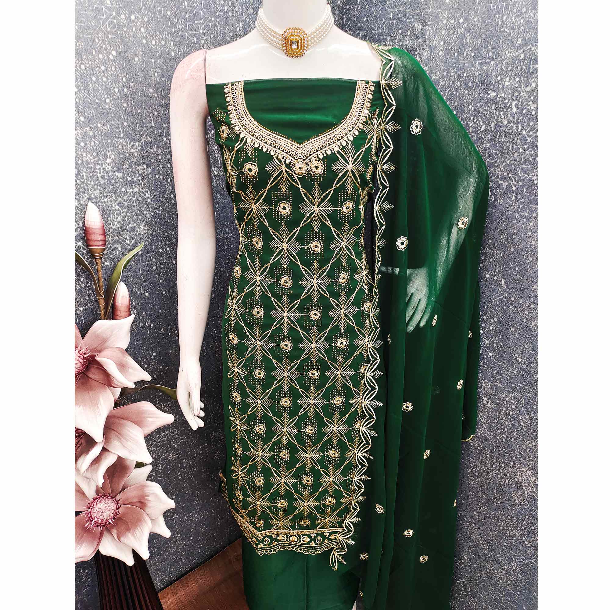 Premium Green Floral Embroidered Georgette Dress Material Accentuated With Swarovski Detailing