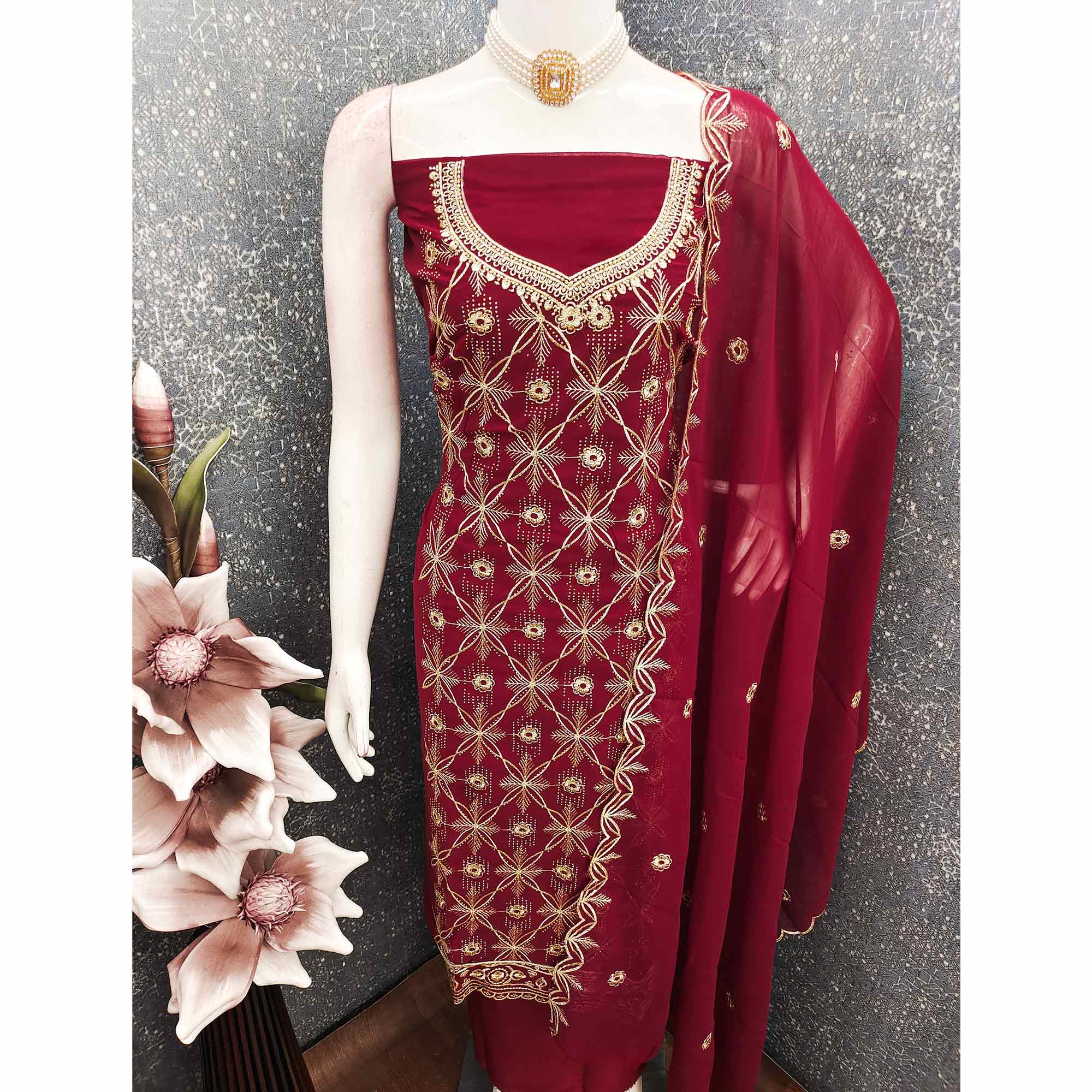 Premium Maroon Floral Embroidered Georgette Dress Material Accentuated With Swarovski Detailing