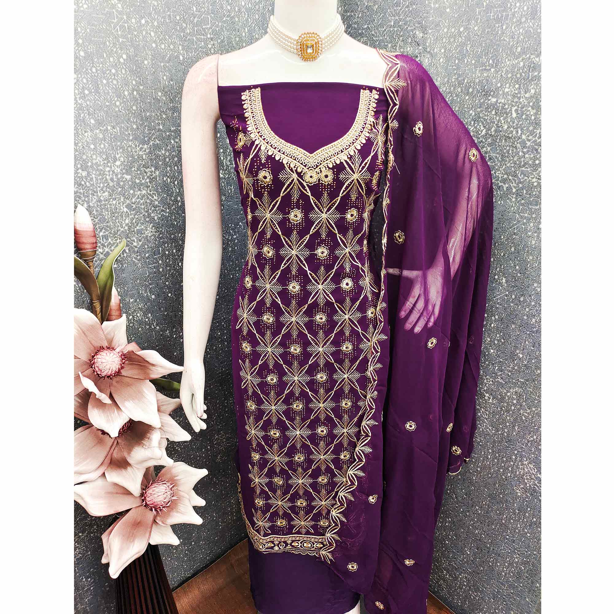 Premium Purple Floral Embroidered Georgette Dress Material Accentuated With Swarovski Detailing
