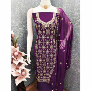 Premium Purple Floral Embroidered Georgette Dress Material Accentuated With Swarovski Detailing