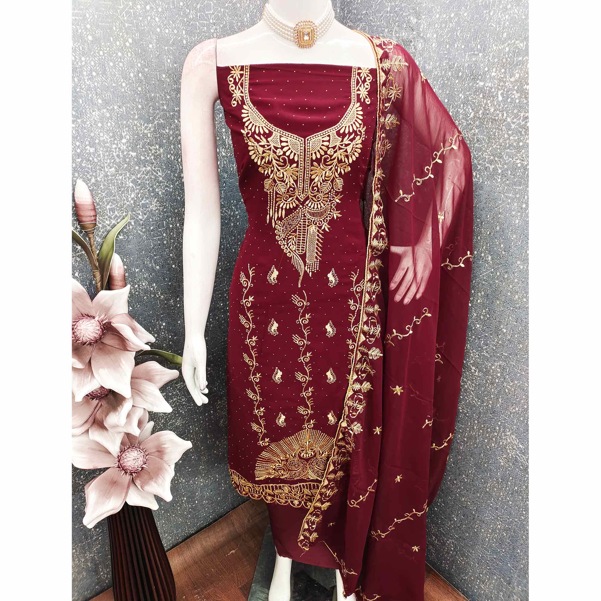 Ethnic Maroon Floral Embroidered Georgette Dress Material With Shimmering Swarovski Accents
