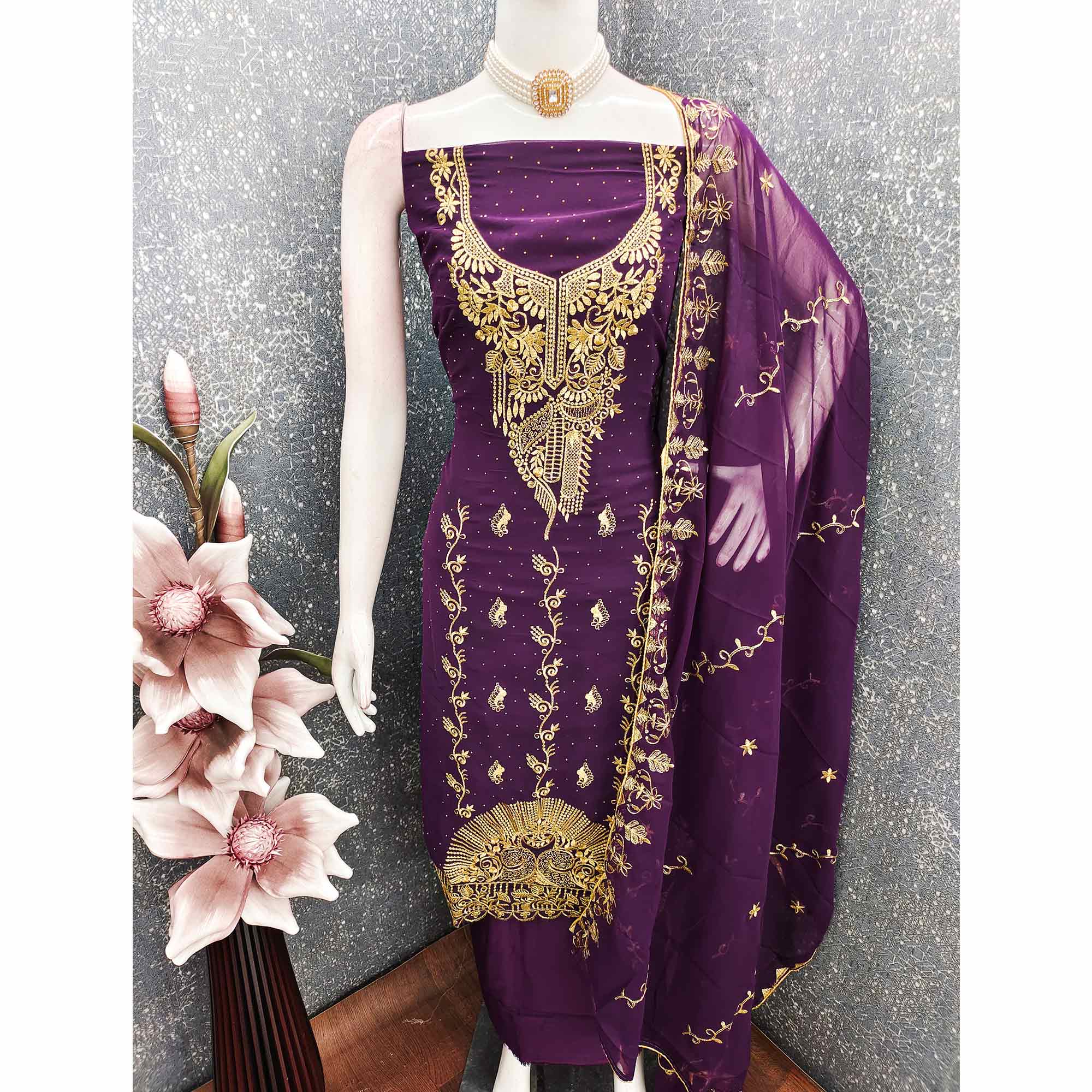 Ethnic Purple Floral Embroidered Georgette Dress Material With Shimmering Swarovski Accents