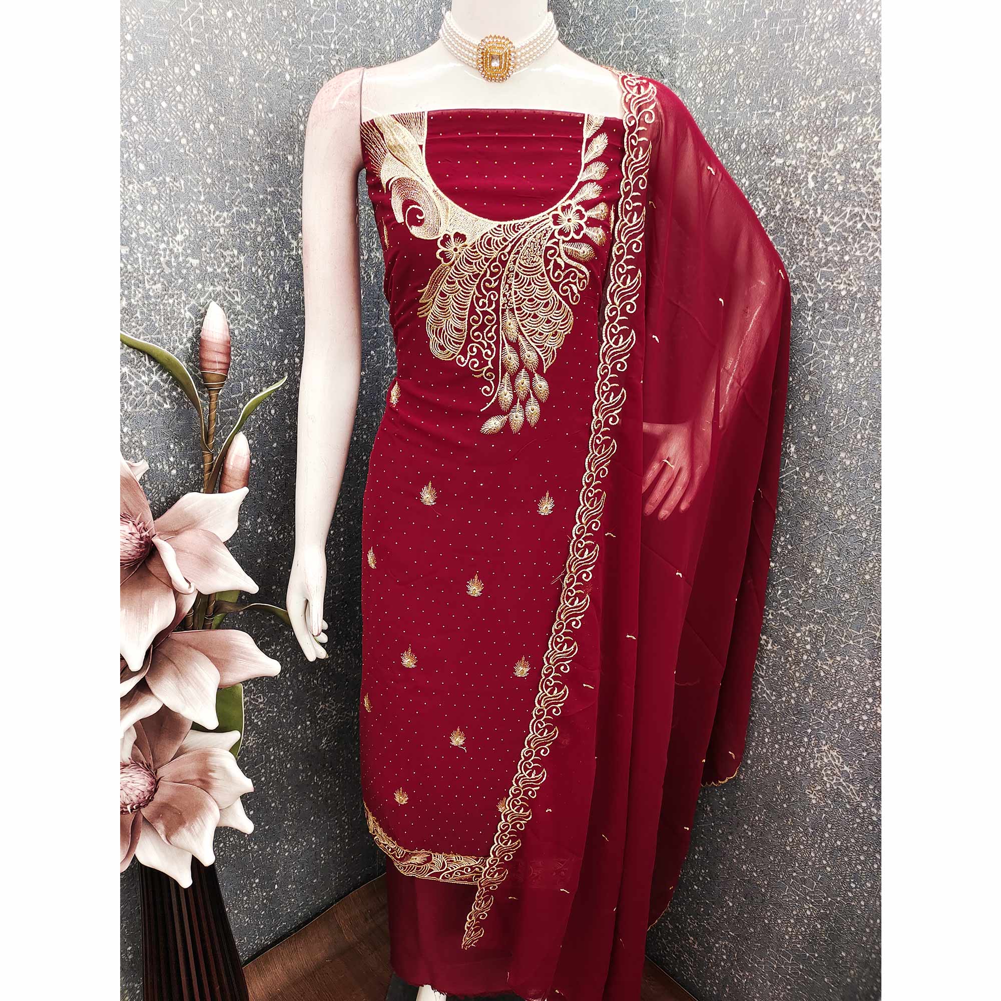 Sophisticated Maroon Floral Embroidered Georgette Dress Material Enhanced With Fine Swarovski Work