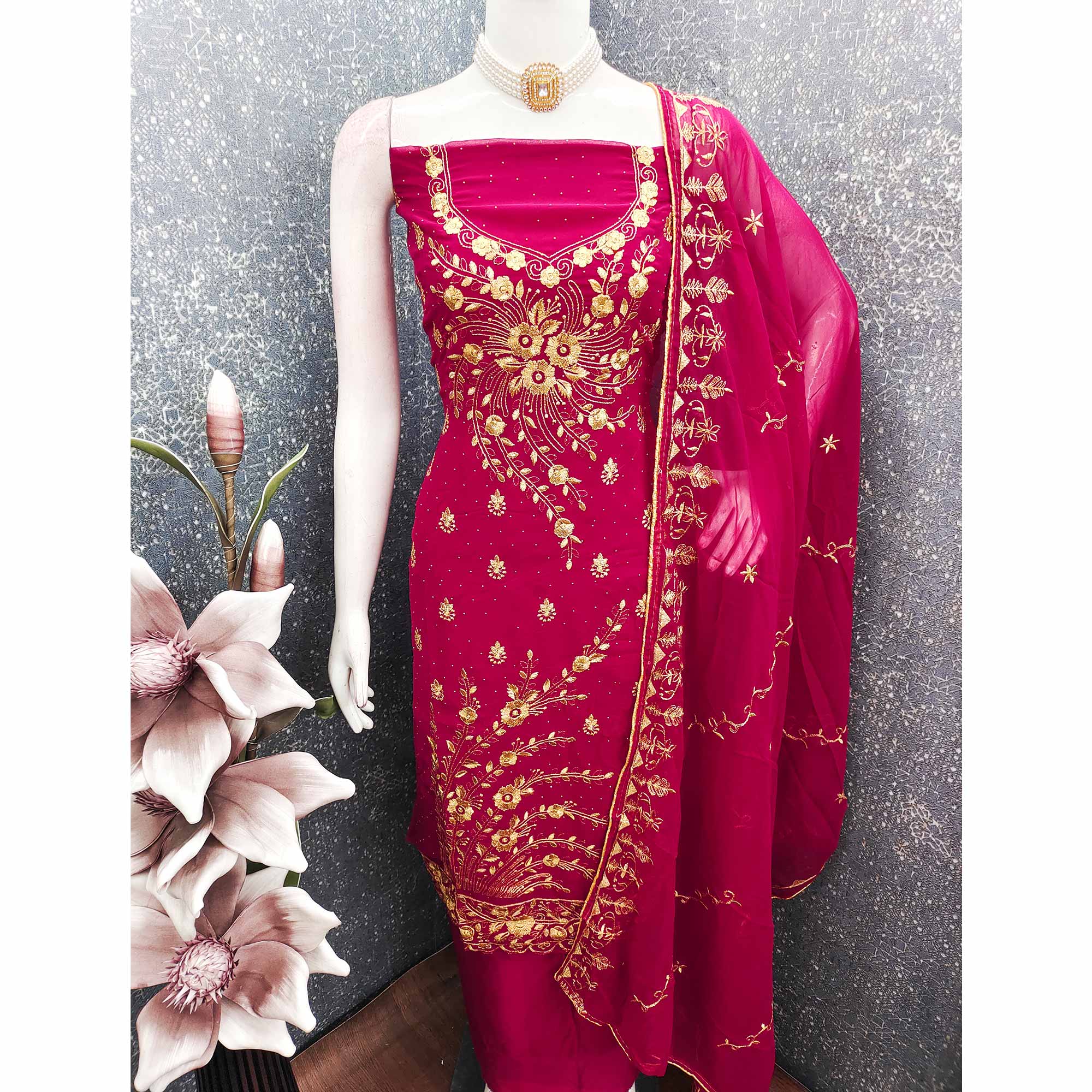 Classic Pink Floral Embroidery Georgette Dress Material With Subtle Swarovski Embellishments