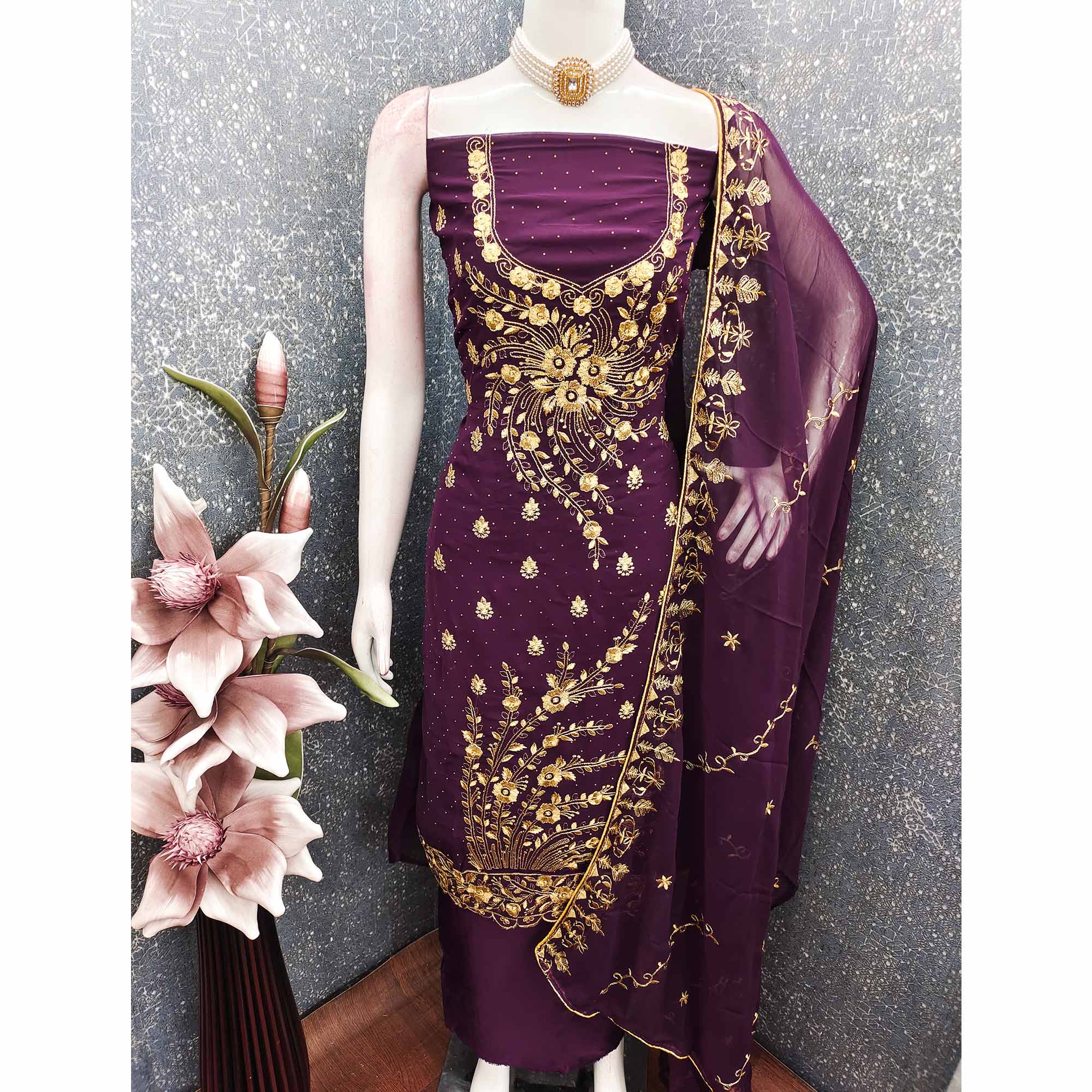 Classic Purple Floral Embroidery Georgette Dress Material With Subtle Swarovski Embellishments