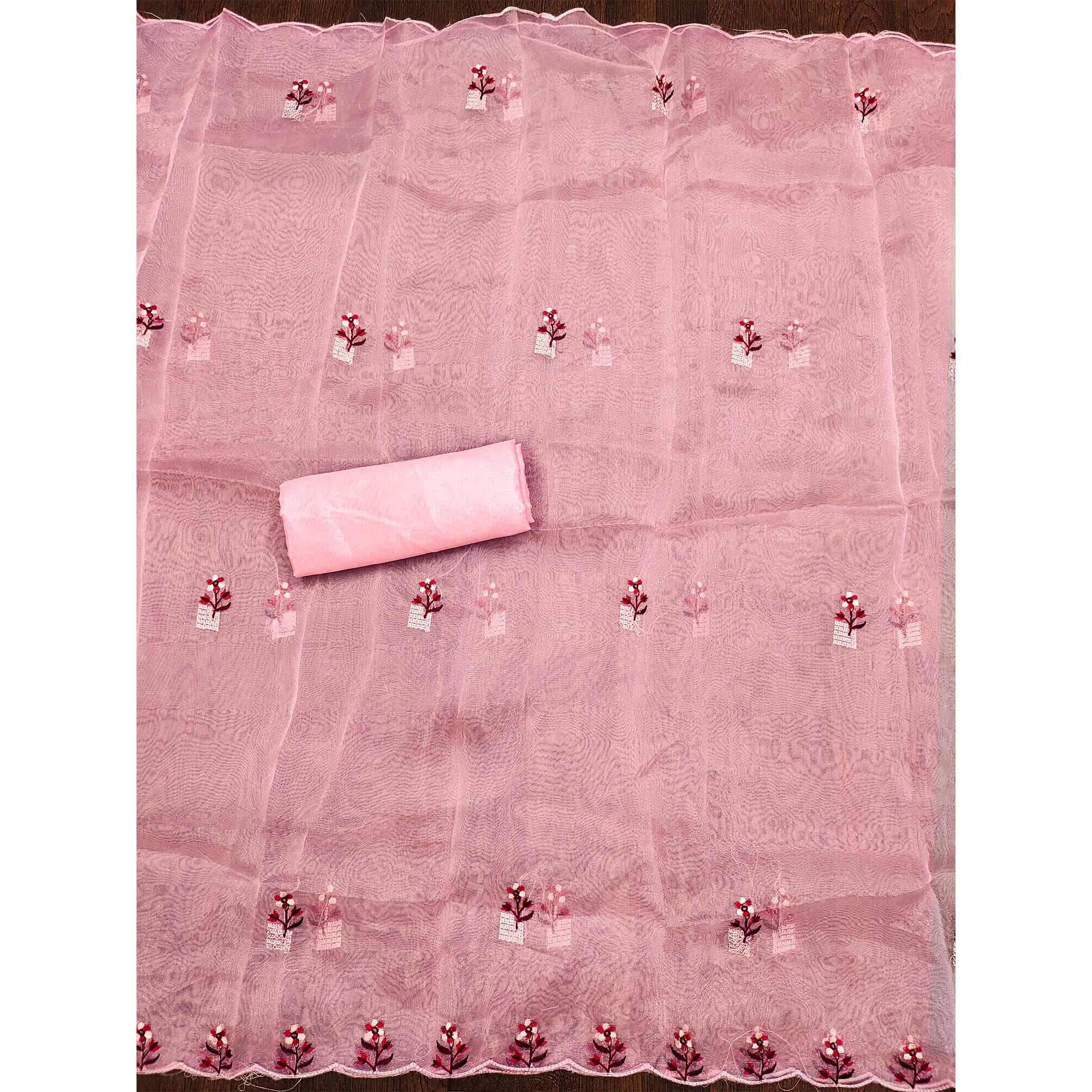 Baby Pink Floral Sequins Embroidered Organza Dress Material