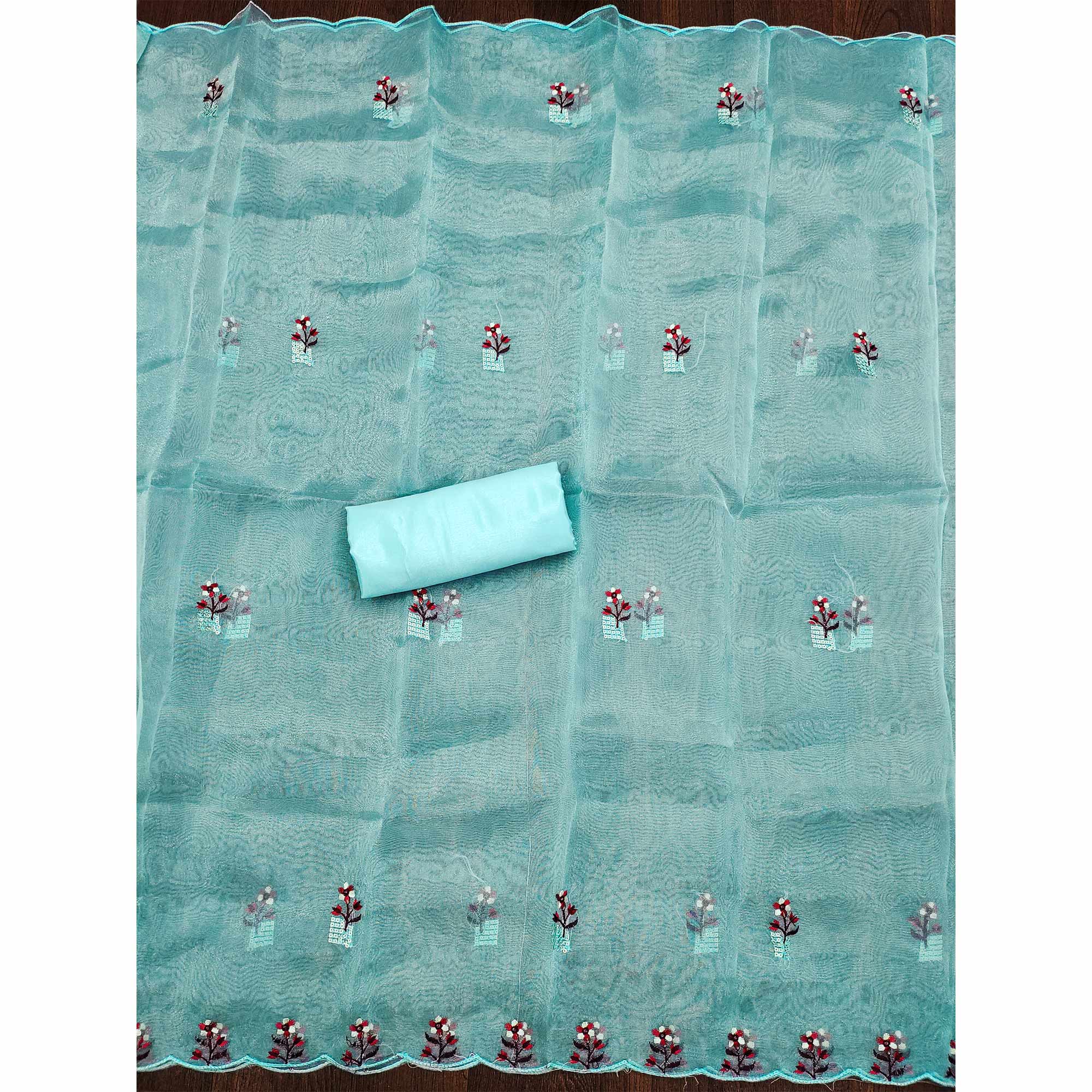 Sky Blue Floral Sequins Embroidered Organza Dress Material