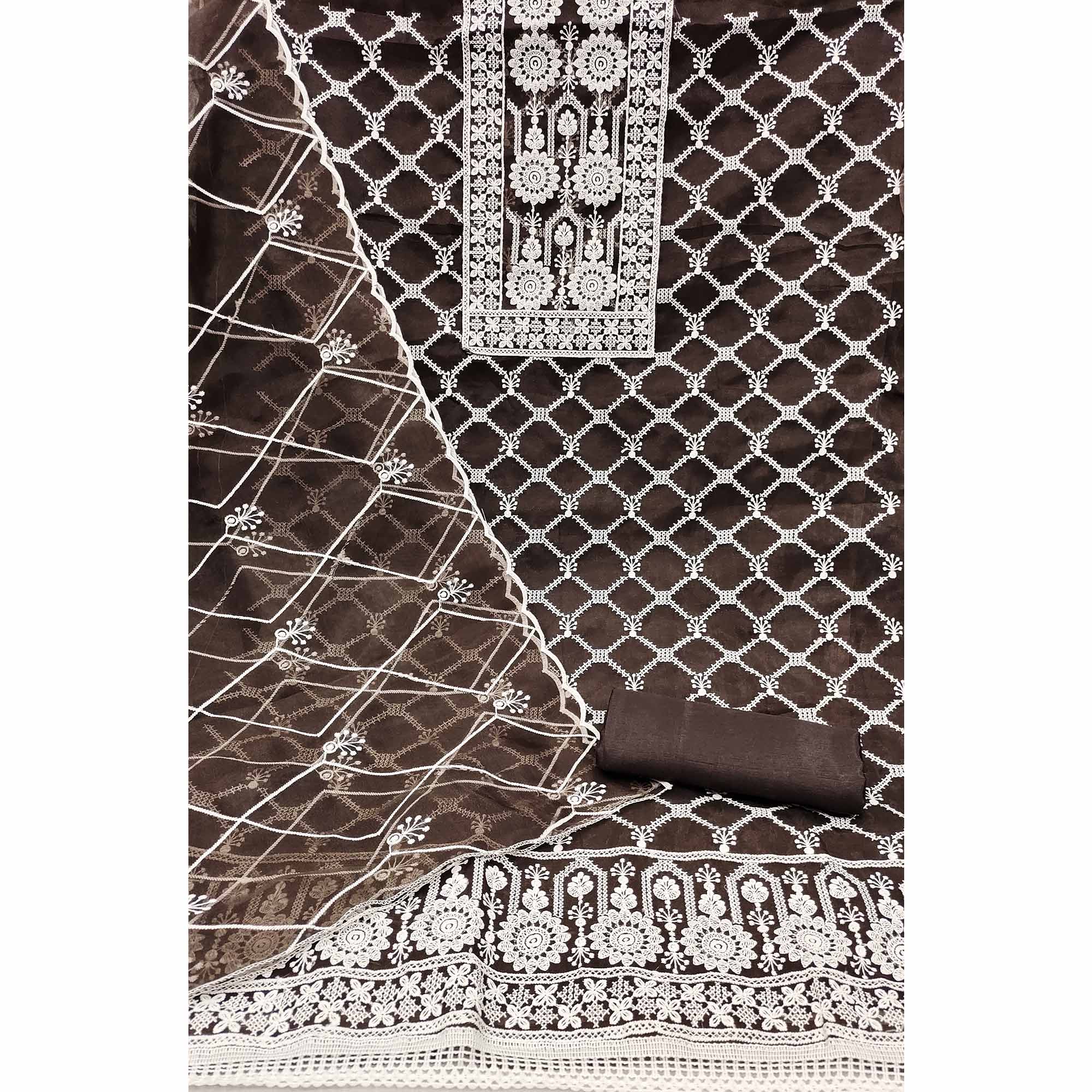 Brown Sheer Organza Suit Material with Floral Embroidery Detailing