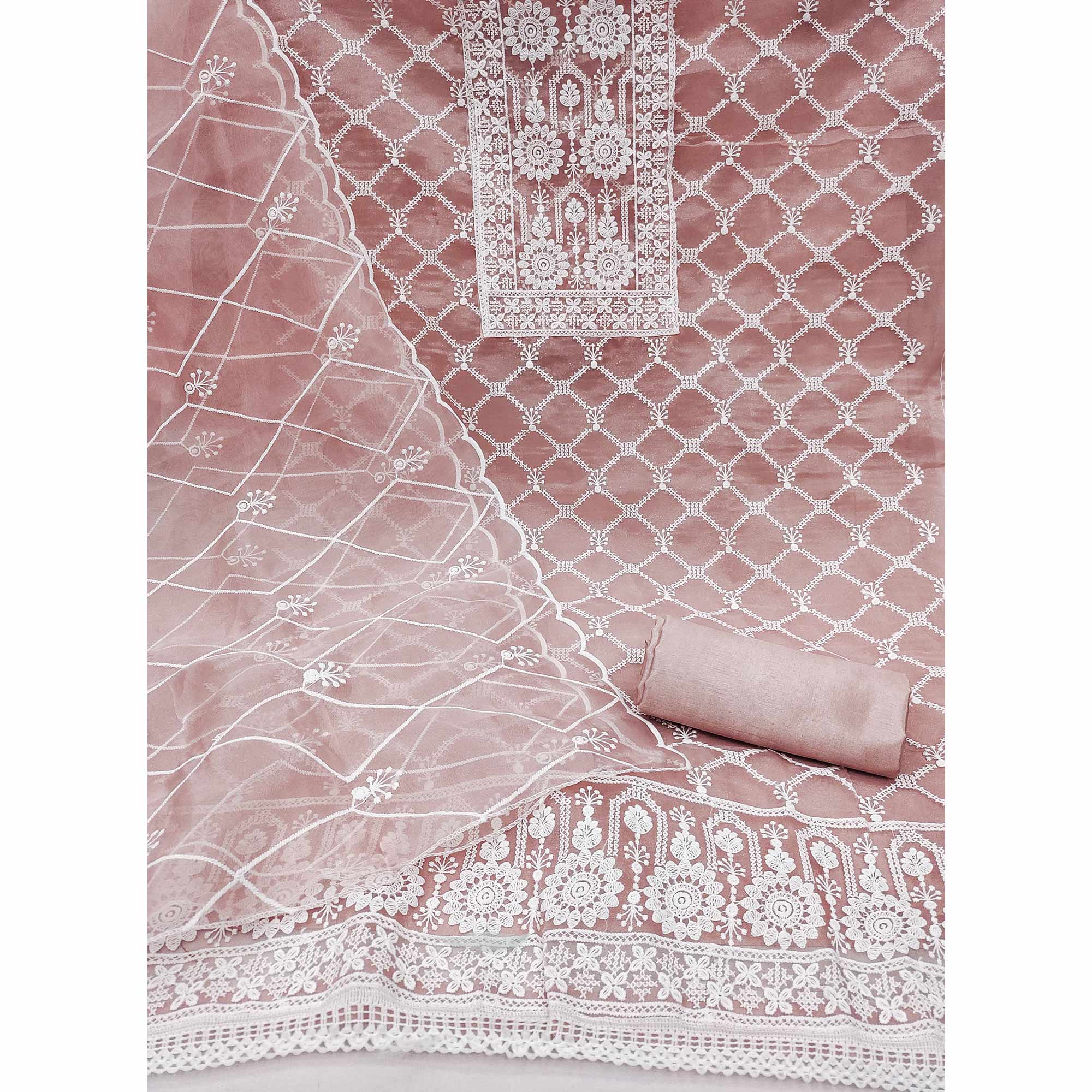 Dusty Pink Sheer Organza Suit Material with Floral Embroidery Detailing