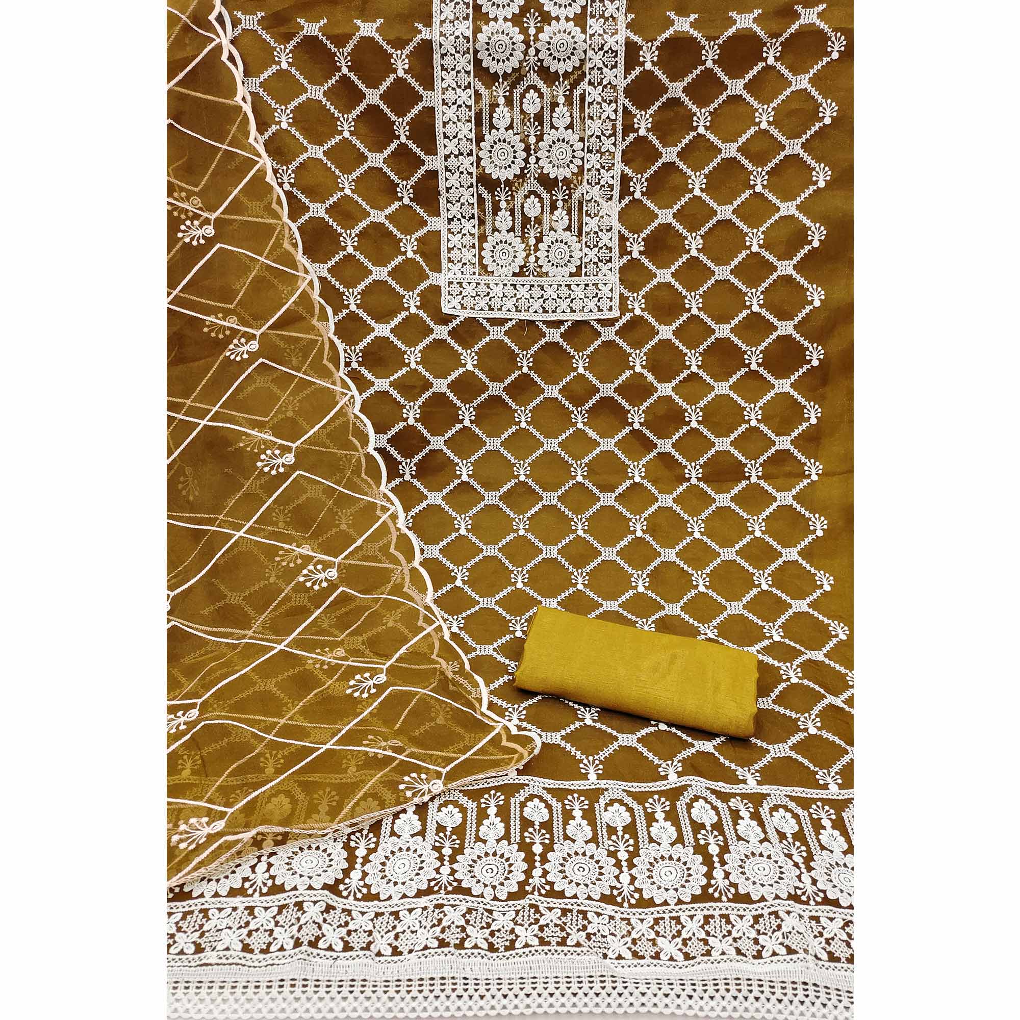 Mustard Sheer Organza Suit Material with Floral Embroidery Detailing