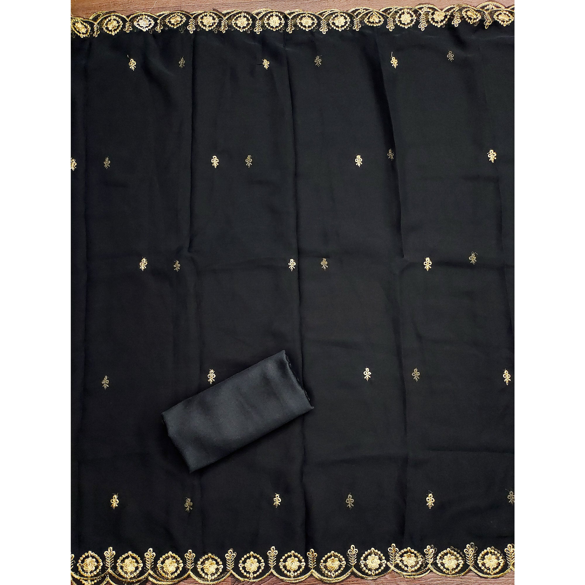 Black Georgette Dress Material Accented With Delicate Floral Embroidery