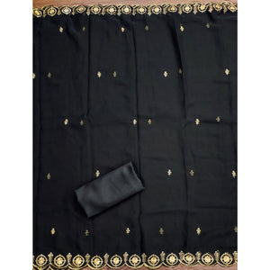 Black Georgette Dress Material Accented With Delicate Floral Embroidery