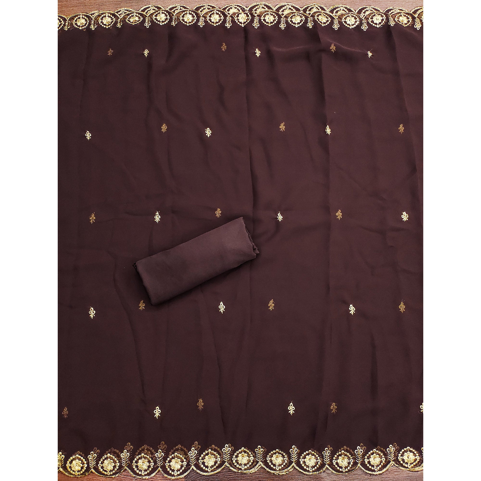 Brown Georgette Dress Material Accented With Delicate Floral Embroidery