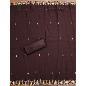 Brown Georgette Dress Material Accented With Delicate Floral Embroidery