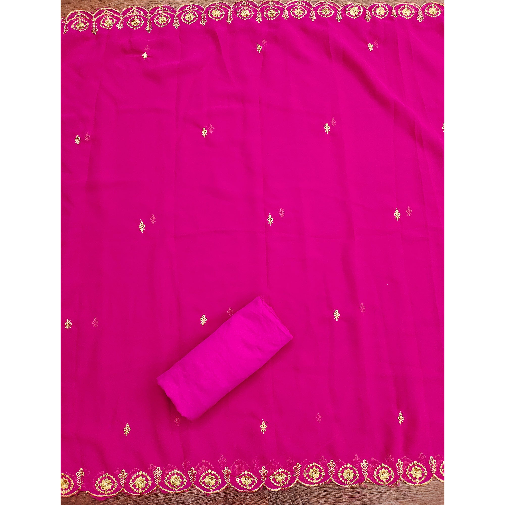 Rani Pink Georgette Dress Material Accented With Delicate Floral Embroidery