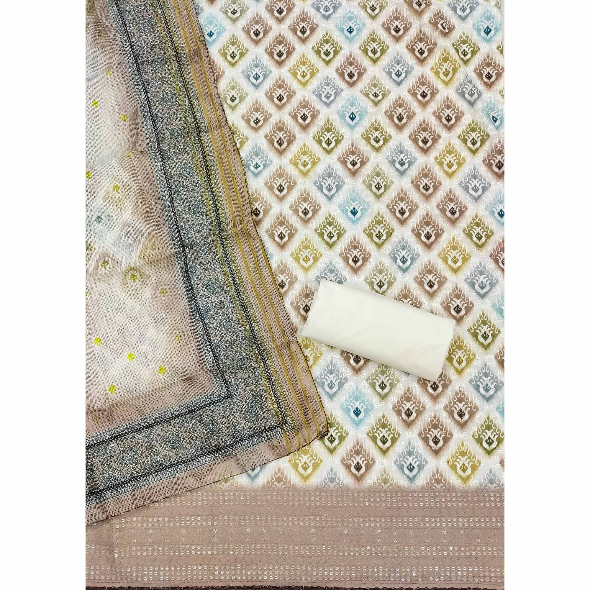 White & Matte Beige Dress Material In Cotton Blend With Delicate Digital Print & Sifli Embroidery Work