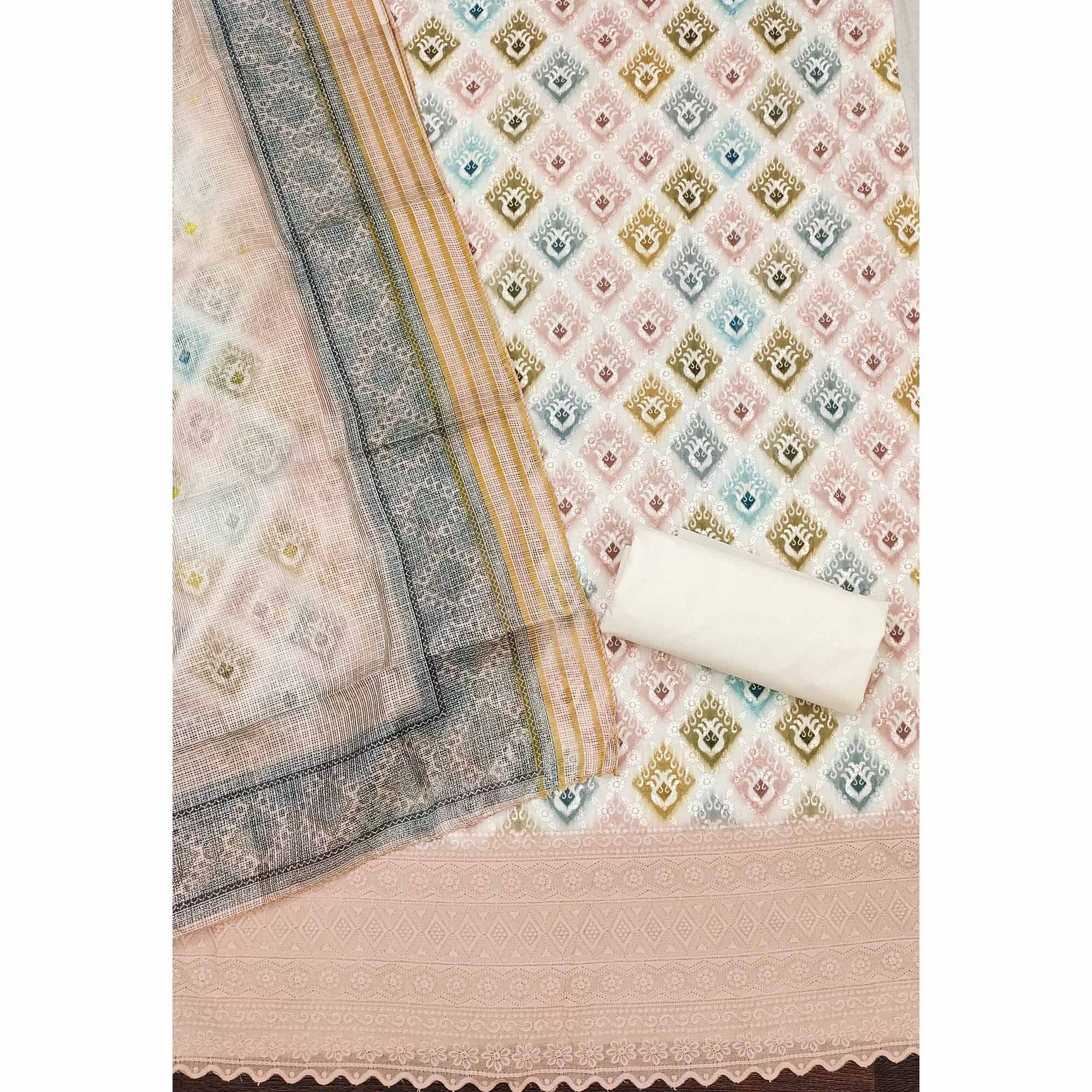 White & Pale Dusty Peach Dress Material In Cotton Blend With Delicate Digital Print & Sifli Embroidery Work