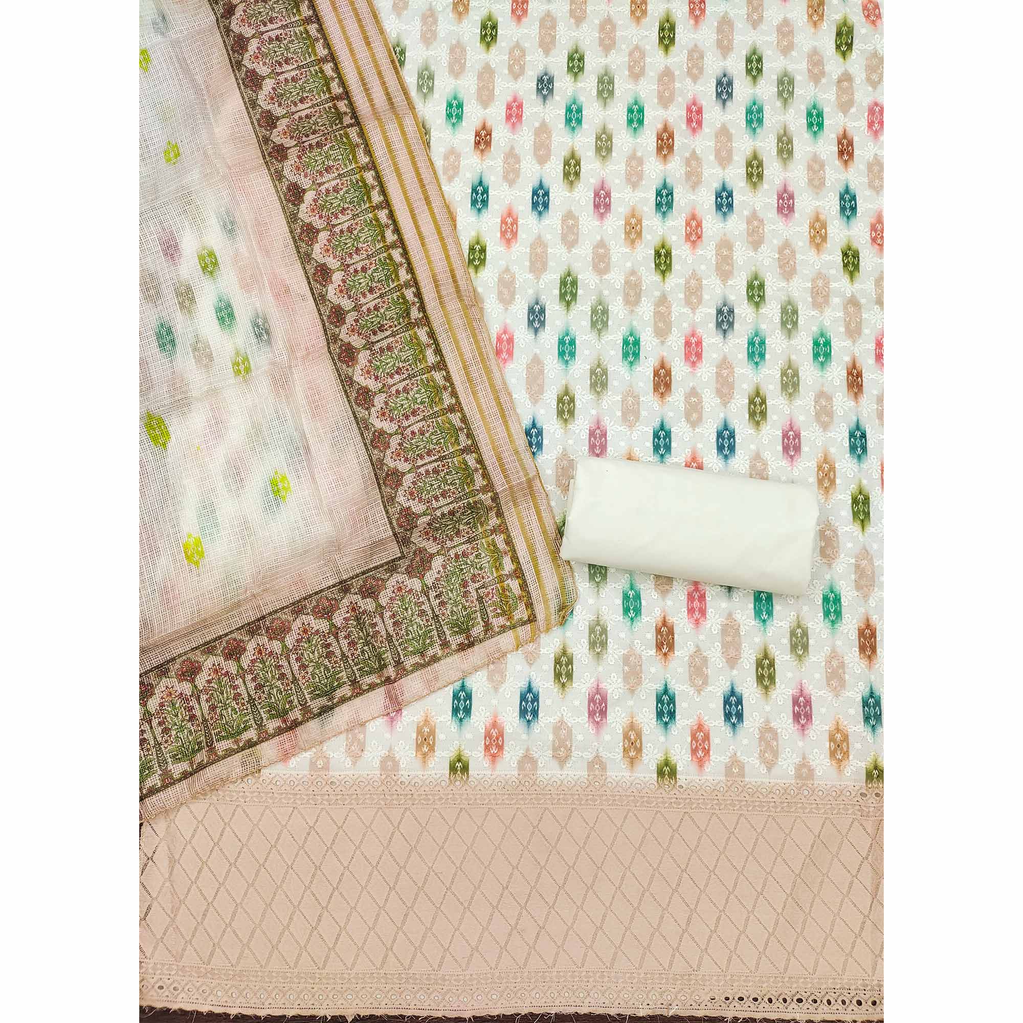 White & Beige Schiffli Embroidered Cotton Blend Dress Material With Digital Print