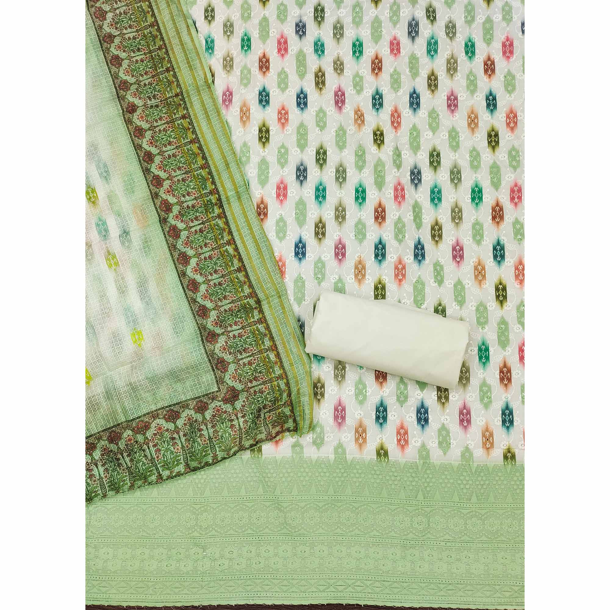 White & Green Schiffli Embroidered Cotton Blend Dress Material With Digital Print