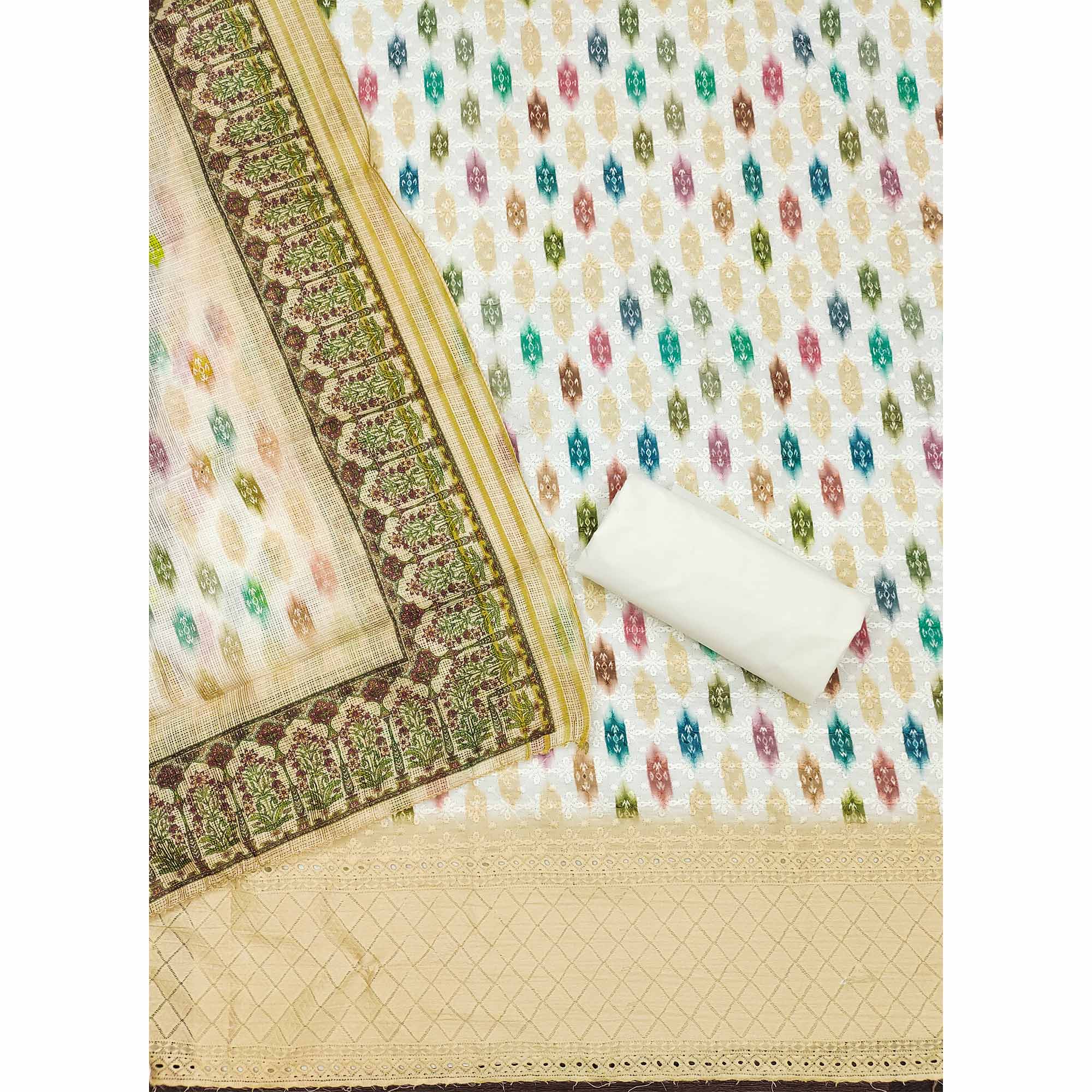 White & Pale Yellow Schiffli Embroidered Cotton Blend Dress Material With Digital Print