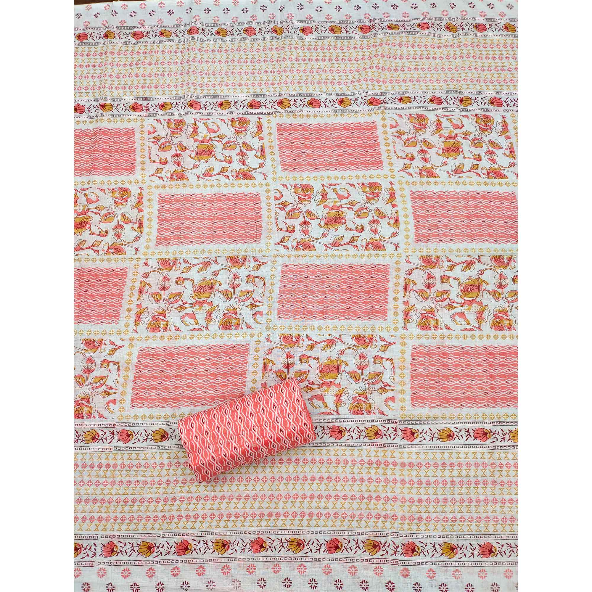 Peach Floral Printed Cotton Blend Dress Material